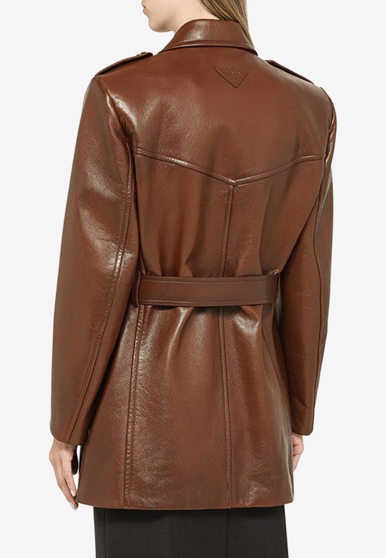 Prada Short Double-breasted Leather Coat in Brown | Lyst