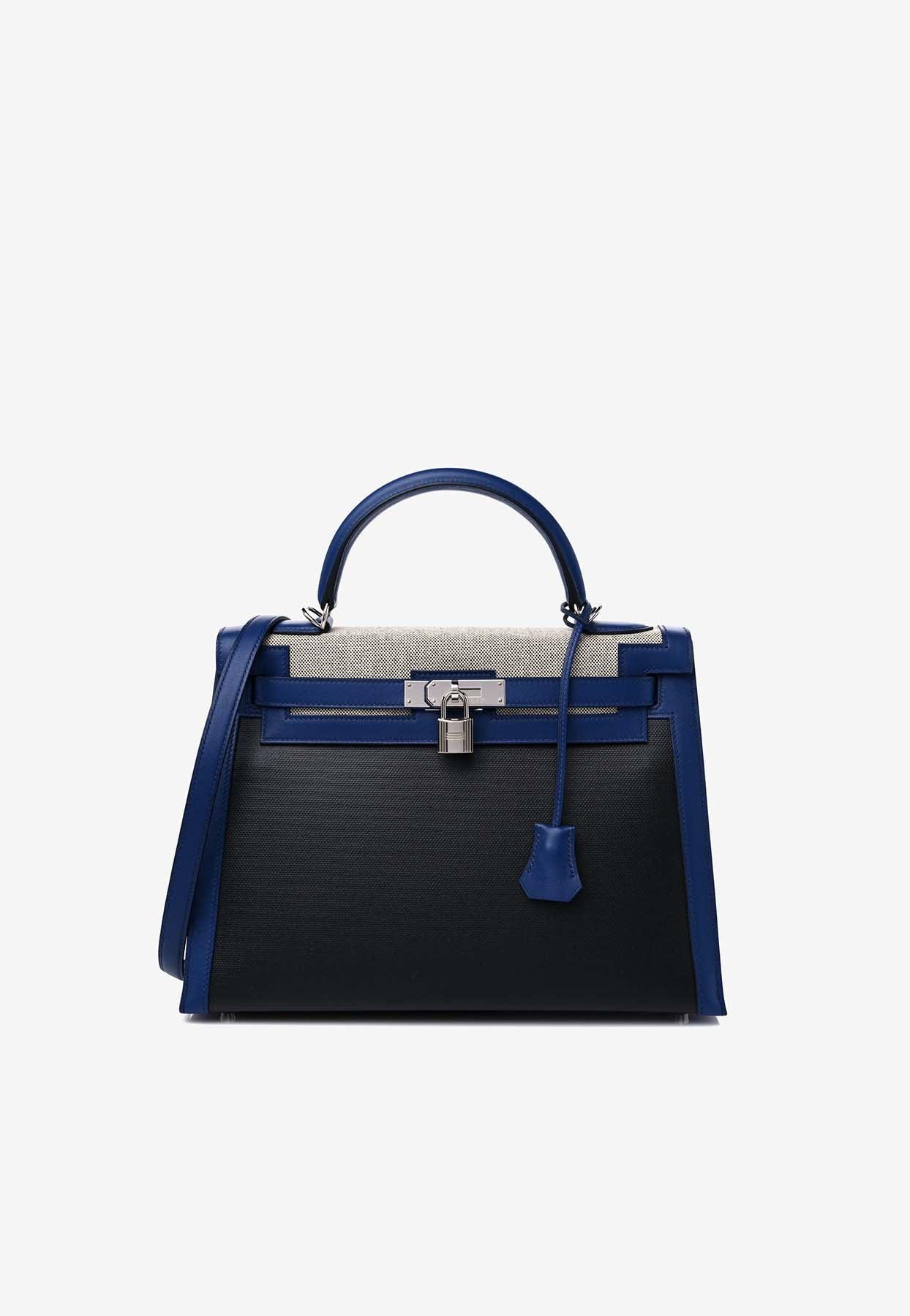 Hermès Kelly 32 Sellier In Black, Ecru Berline Toile And Bleu Sapphire  Swift With Palladium Hardware in Blue
