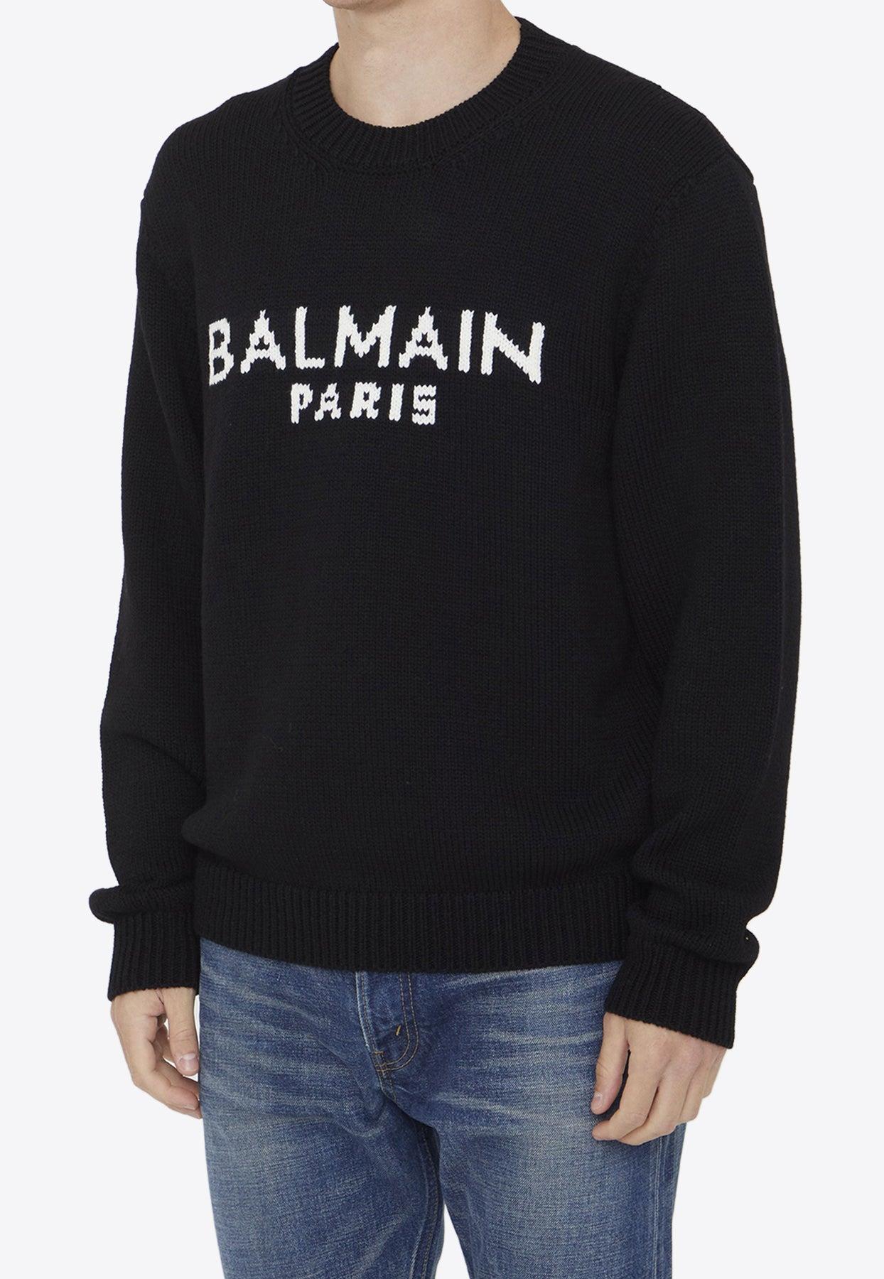 Balmain Logo Jacquard Wool Sweater in Black for Men Lyst