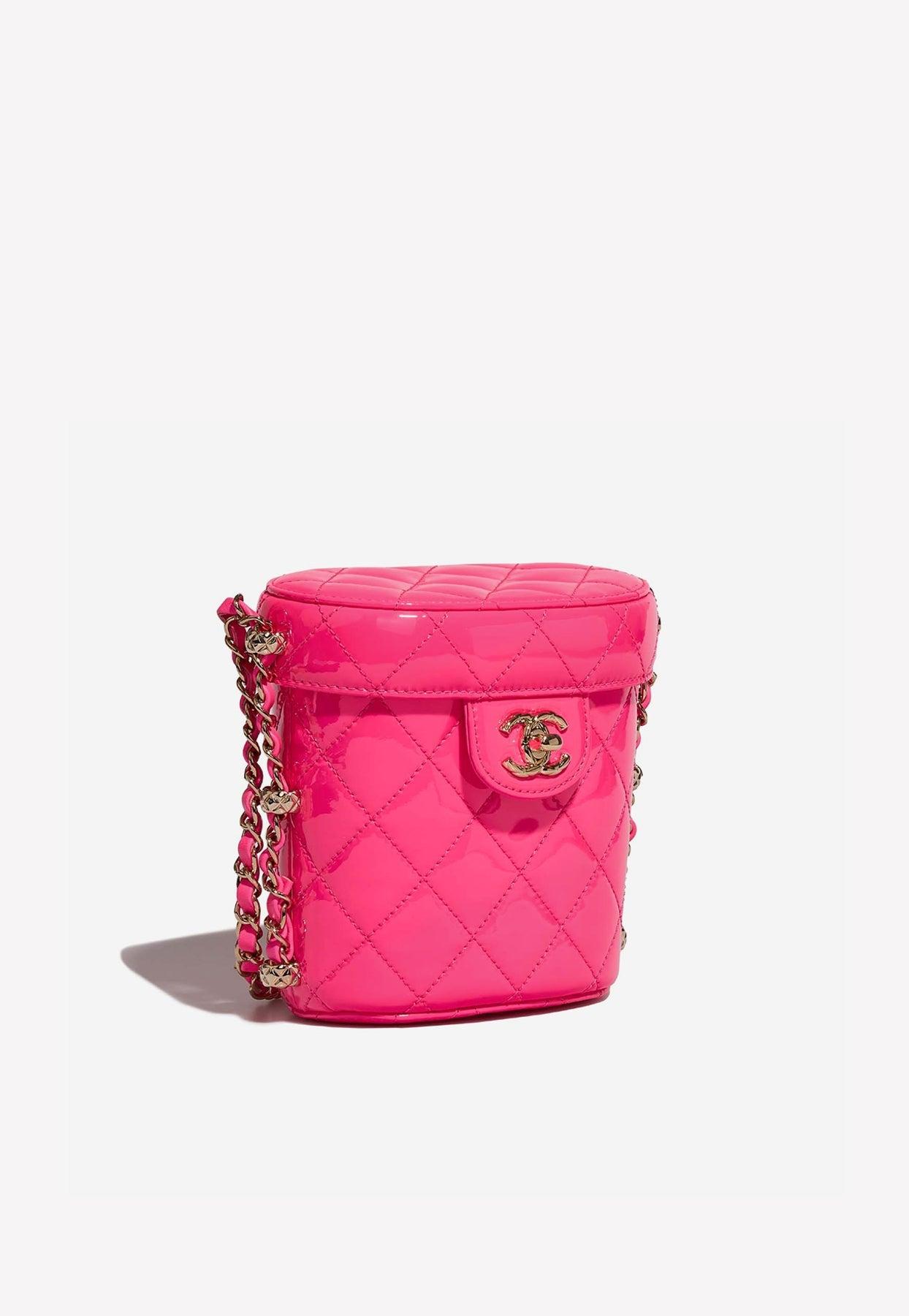 CHANEL Patent Quilted Pearl Crush Mini Vanity Case With Chain Neon Pink  1263549
