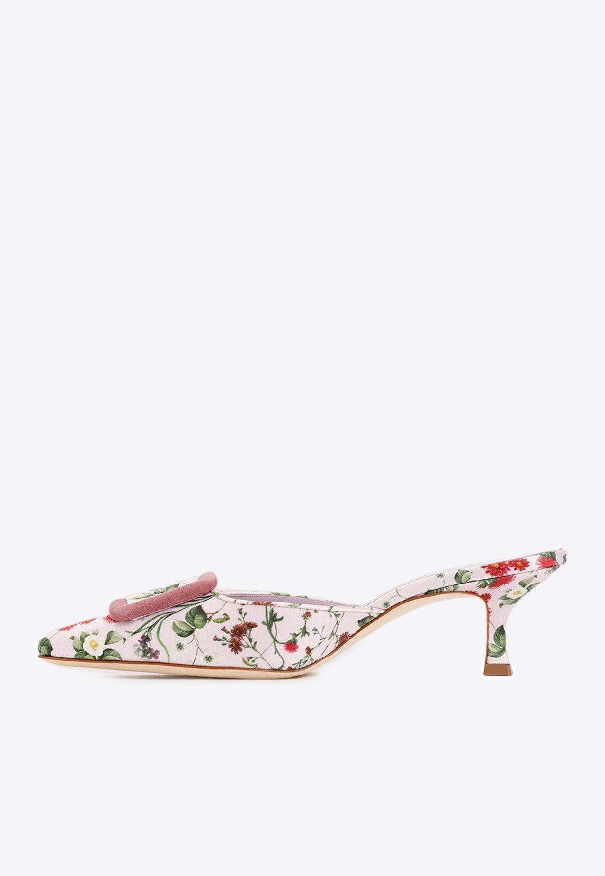 【MANOLO BLAHNIK】suede-trimmed floral-print cotton mules Manolo Blahnik Maysalebi 50 Floral Mules in White | Lyst