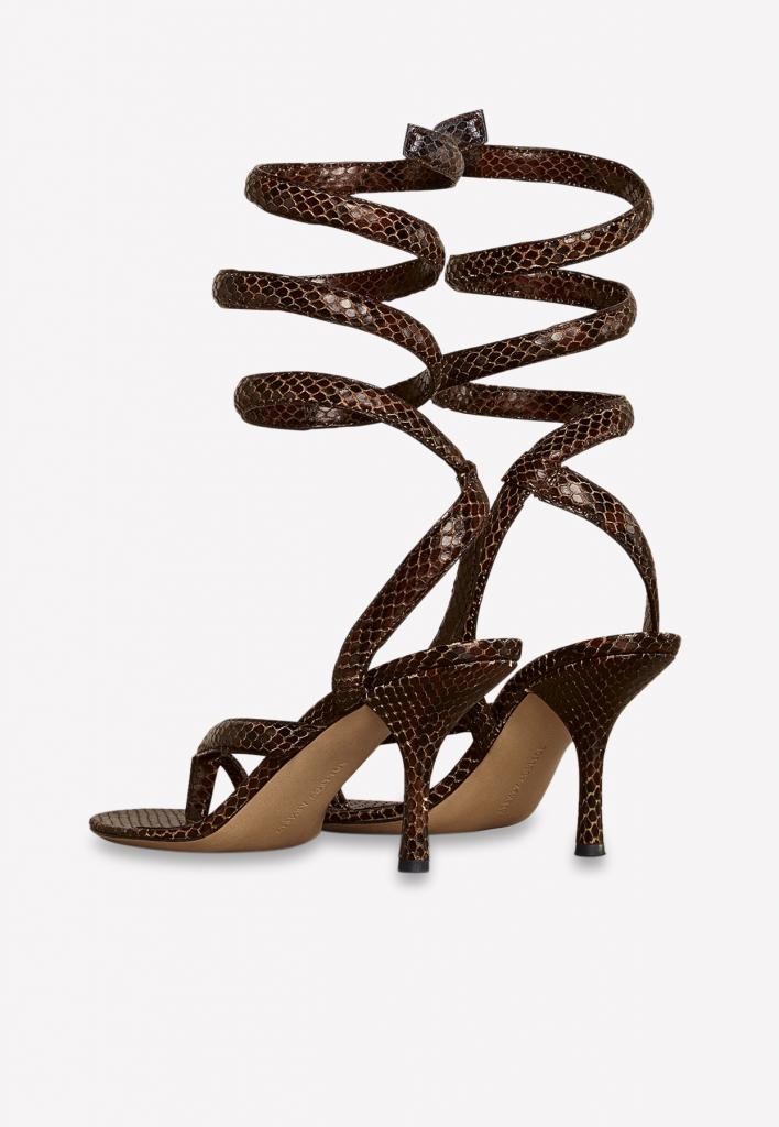 Bottega Veneta Spiral Python-embossed Leather Sandals in Chocolate 