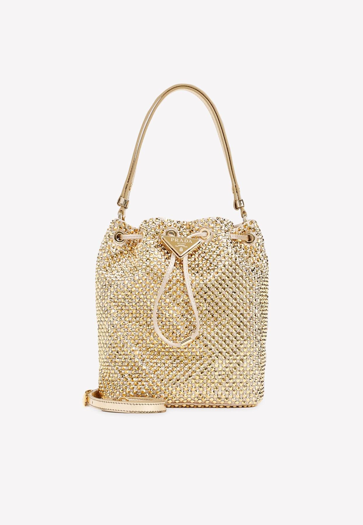 Prada Mini Crystal-embellished Satin Bucket Bag - Black