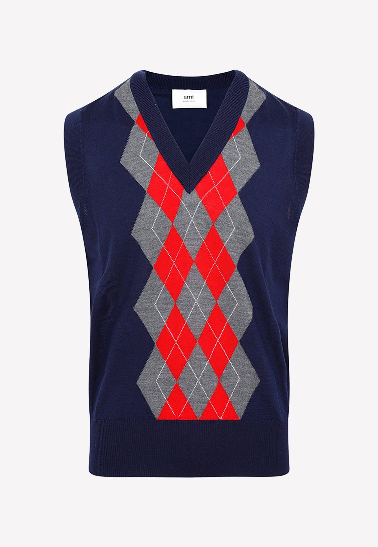 Ami Paris Argyle Sweater Vest in Blue for Men Lyst