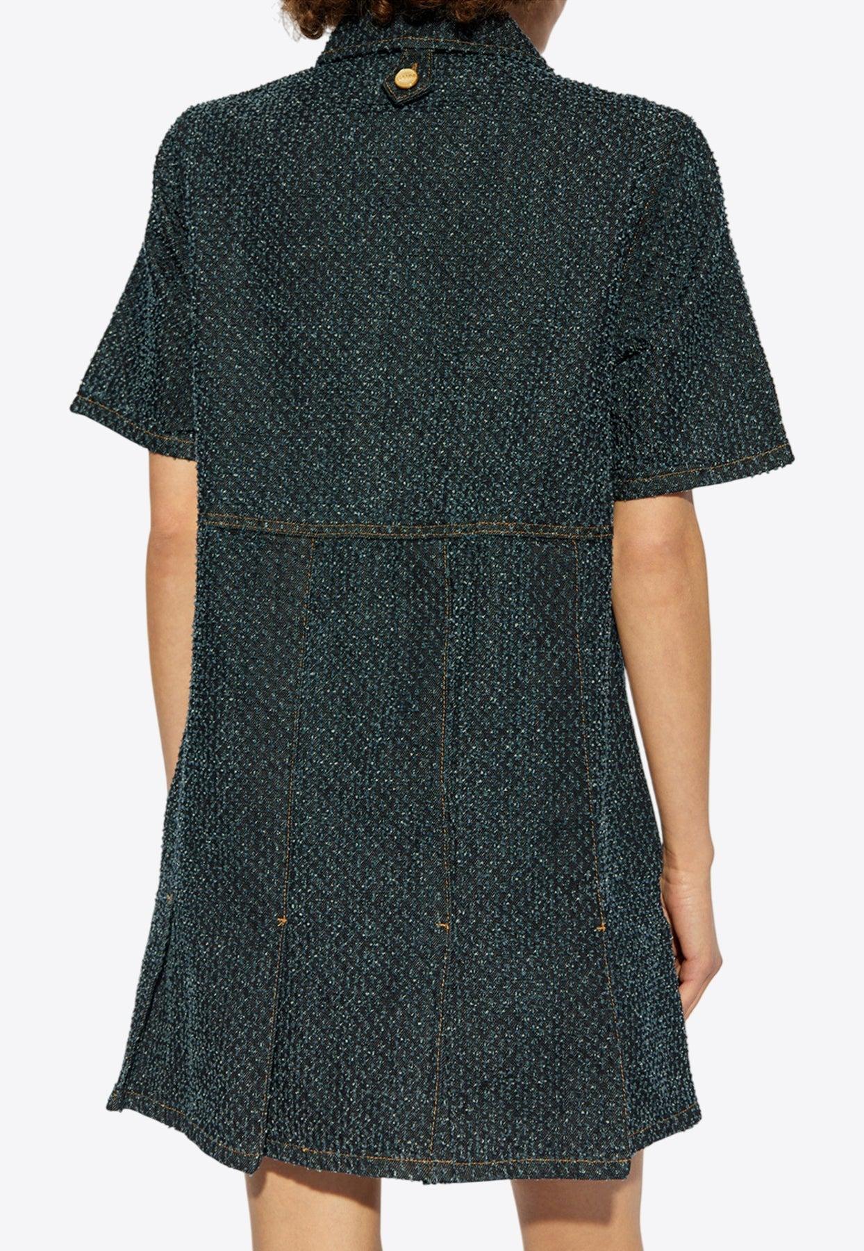 ganni fluffy denim mini dress Ganni Short-Sleeved Mini Fluffy Denim Dress in Green
