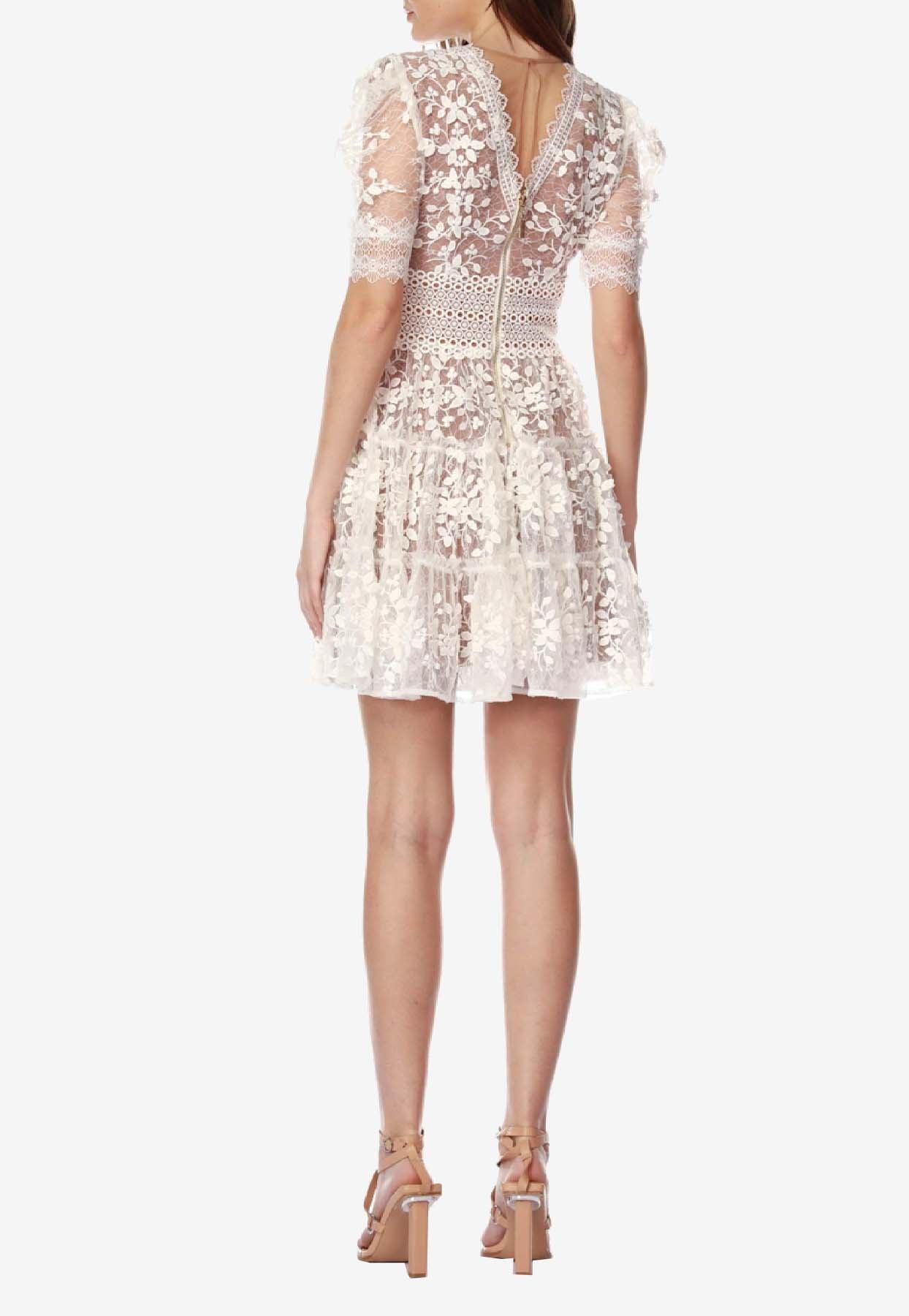 bronx and banco megan mini dress white Bronx and Banco Megan Short-Sleeve Lace V-Neck Tiered Mini Dress
