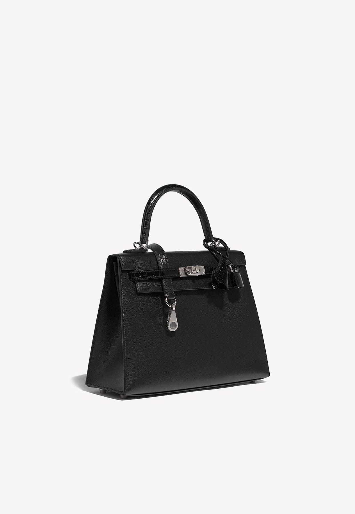 Hermes Kelly 25 Touch Sellier In Black Veau Madame And Croco Strap With Palladium Hawrdware Lyst