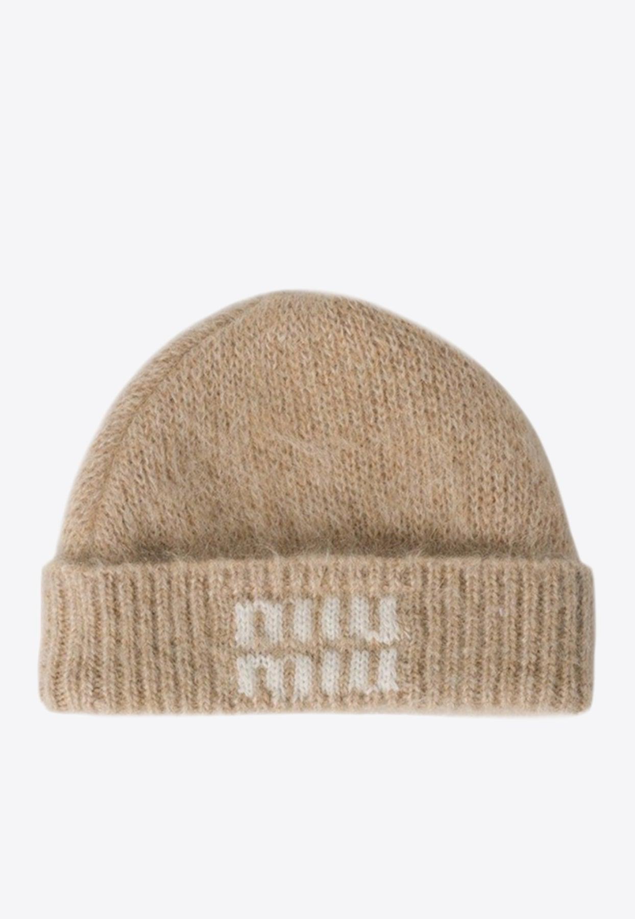 Miu Miu Mohair Blend Logo Beanie in Natural | Lyst