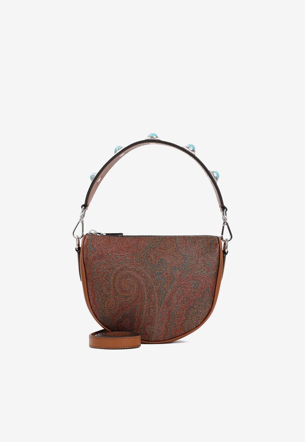 Leather-trimmed paisley-print coated-canvas shoulder bag