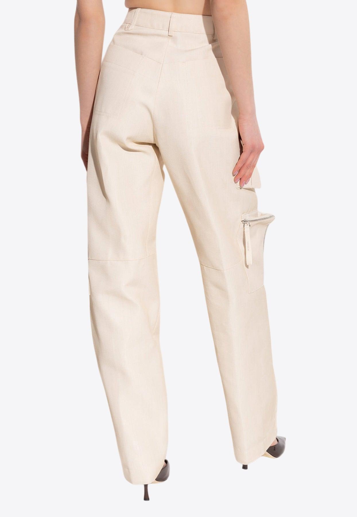 パンツ JACQUEMUS Woman Pants Beige 251PA1381709 130 Jacquemus // Beige Linen Wide Leg Trouser – VSP Consignment