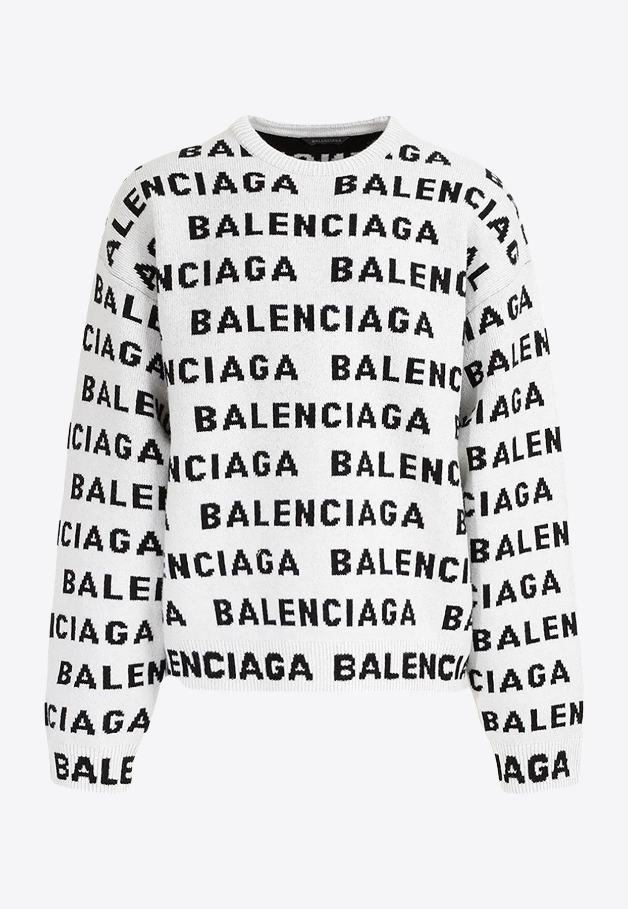 Balenciaga All-over Logo Intarsia Wool Sweater in White for Men | Lyst