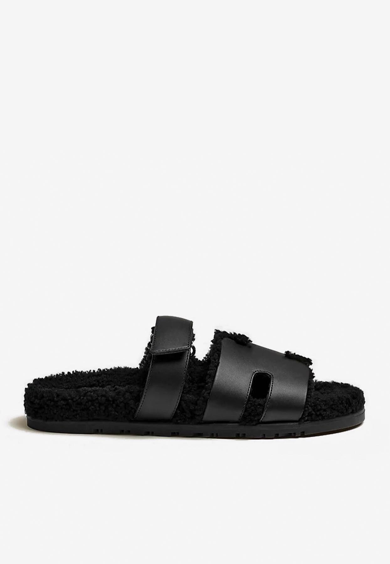 Hermès Chypre Sandals In Calfskin And Shearling in Black for Men | Lyst