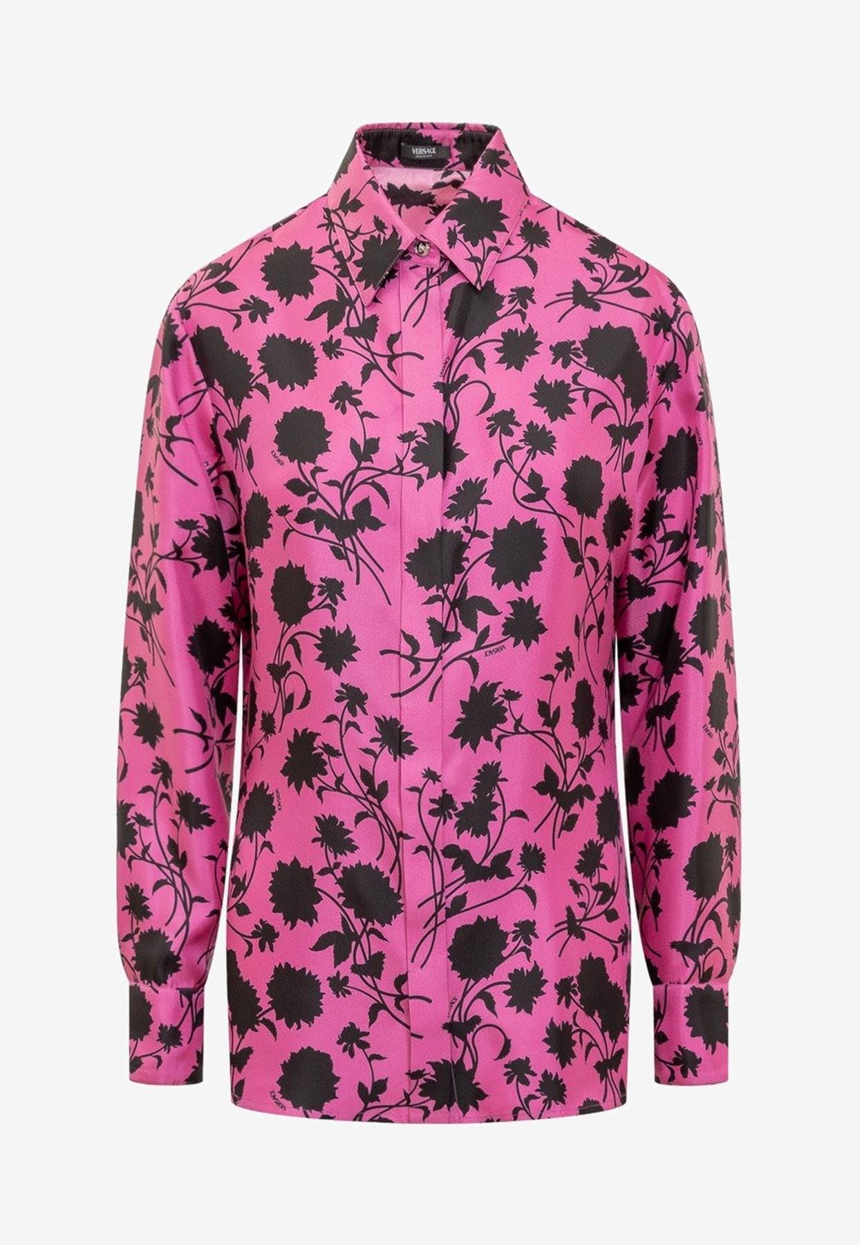 Versace Informal Shirt Floral Silhouette Print Twill Silk Fabric 50% in  Pink