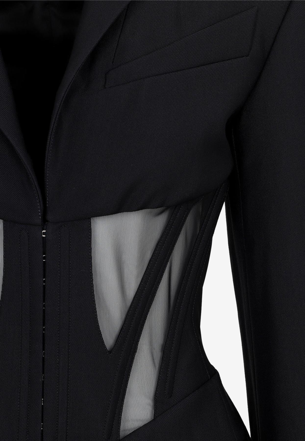 Mugler Corseted Blazer With Tulle Inserts in Black
