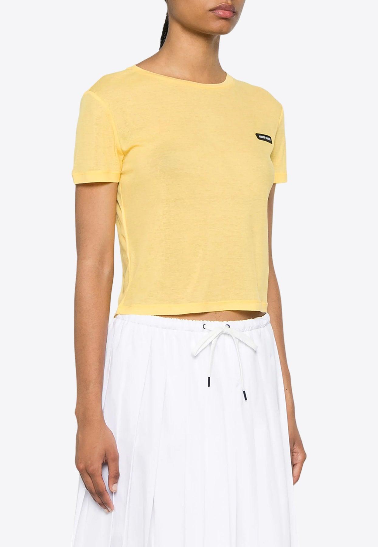 【MIUMIU】お洒落☆lady's ロゴ シアー 半袖シャツ yellow Miu Miu Logo Patch Sheer Cropped T-Shirt in Yellow | Lyst