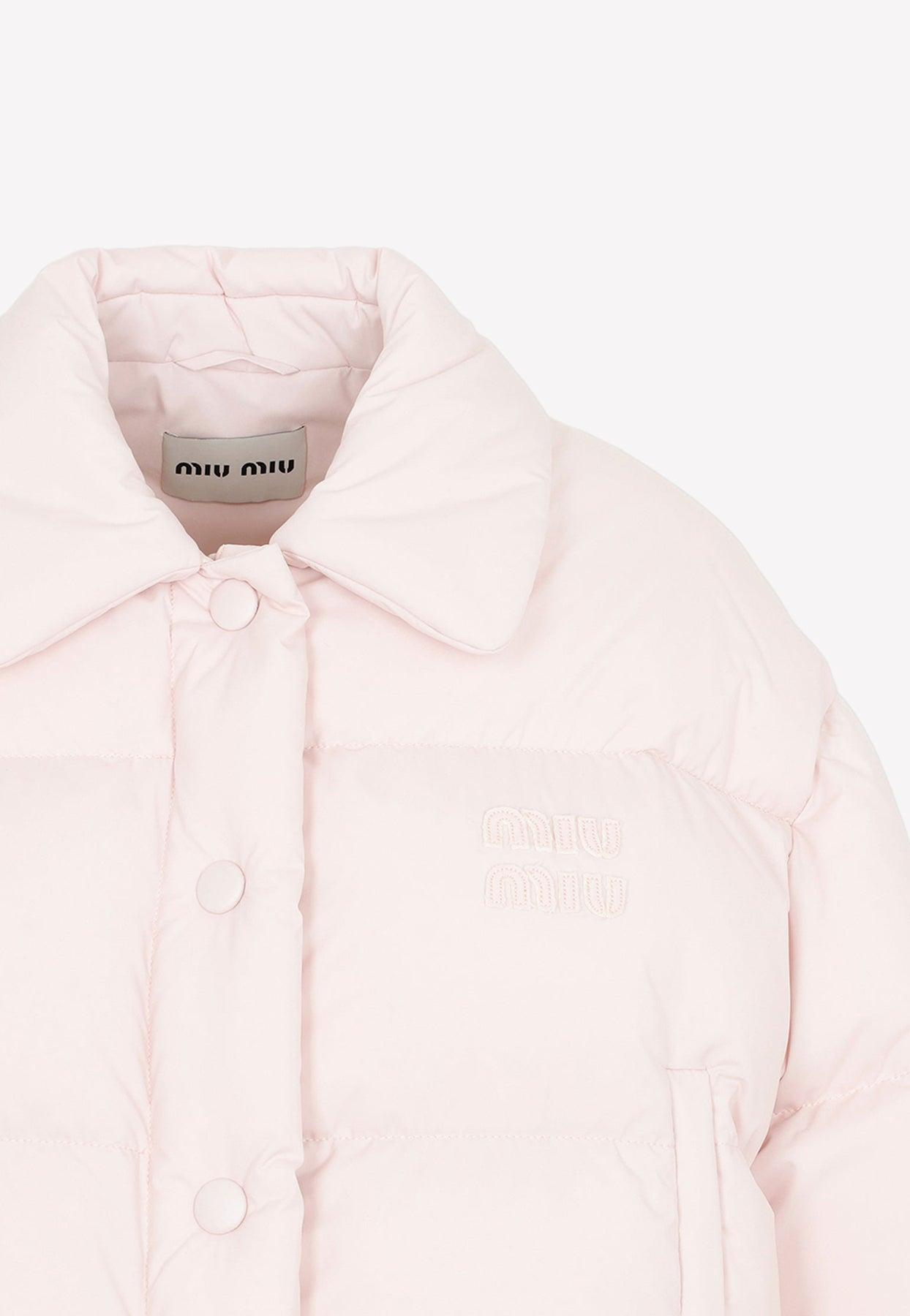 Miu Miu Cropped Down Jacket With Logo in Pink | Lyst