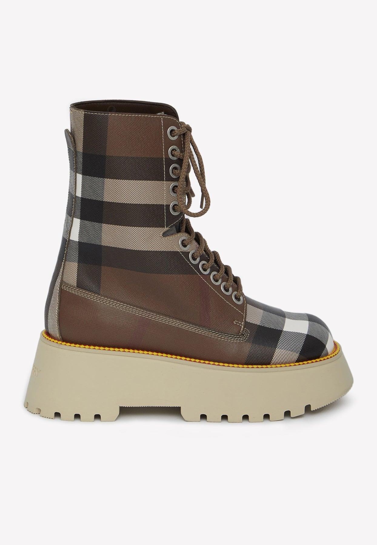 Burberry Check Print Leather Combat Boots in Brown | Lyst