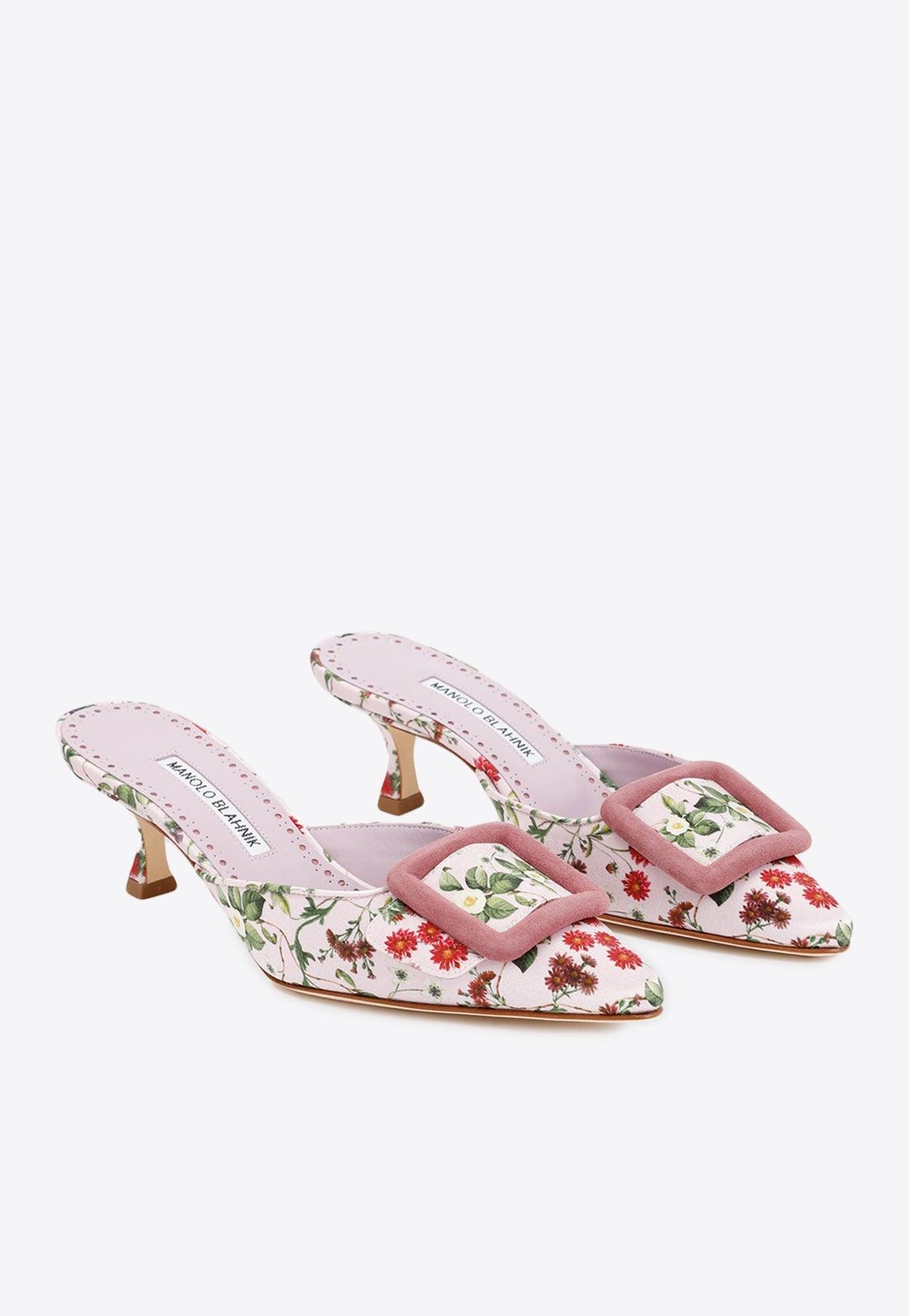 【MANOLO BLAHNIK】suede-trimmed floral-print cotton mules Manolo Blahnik Maysalebi 50 Floral Mules in White | Lyst