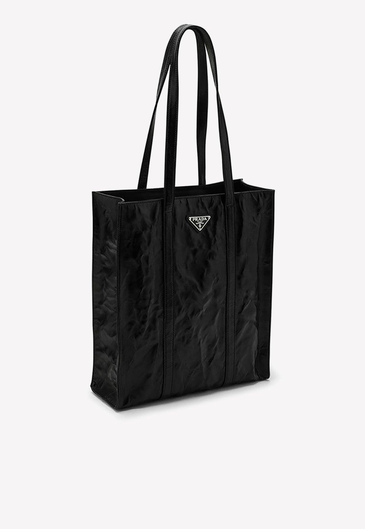 Prada Crinkled Leather Tote Bag in Black | Lyst