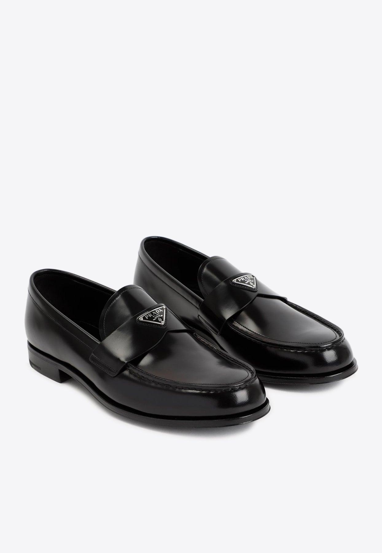 Prada Logo Leather Loafers in Black for Men | Lyst