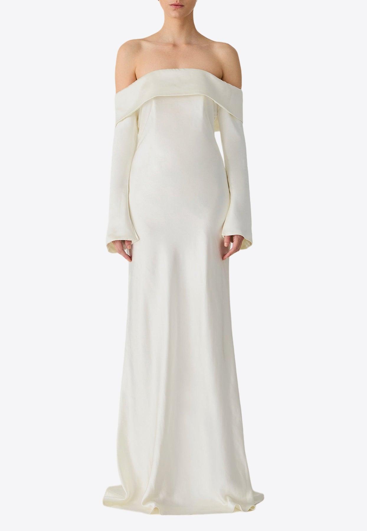 Misha Collection Bianca Off-Shoulder Gloss Satin Bridal Dress in 