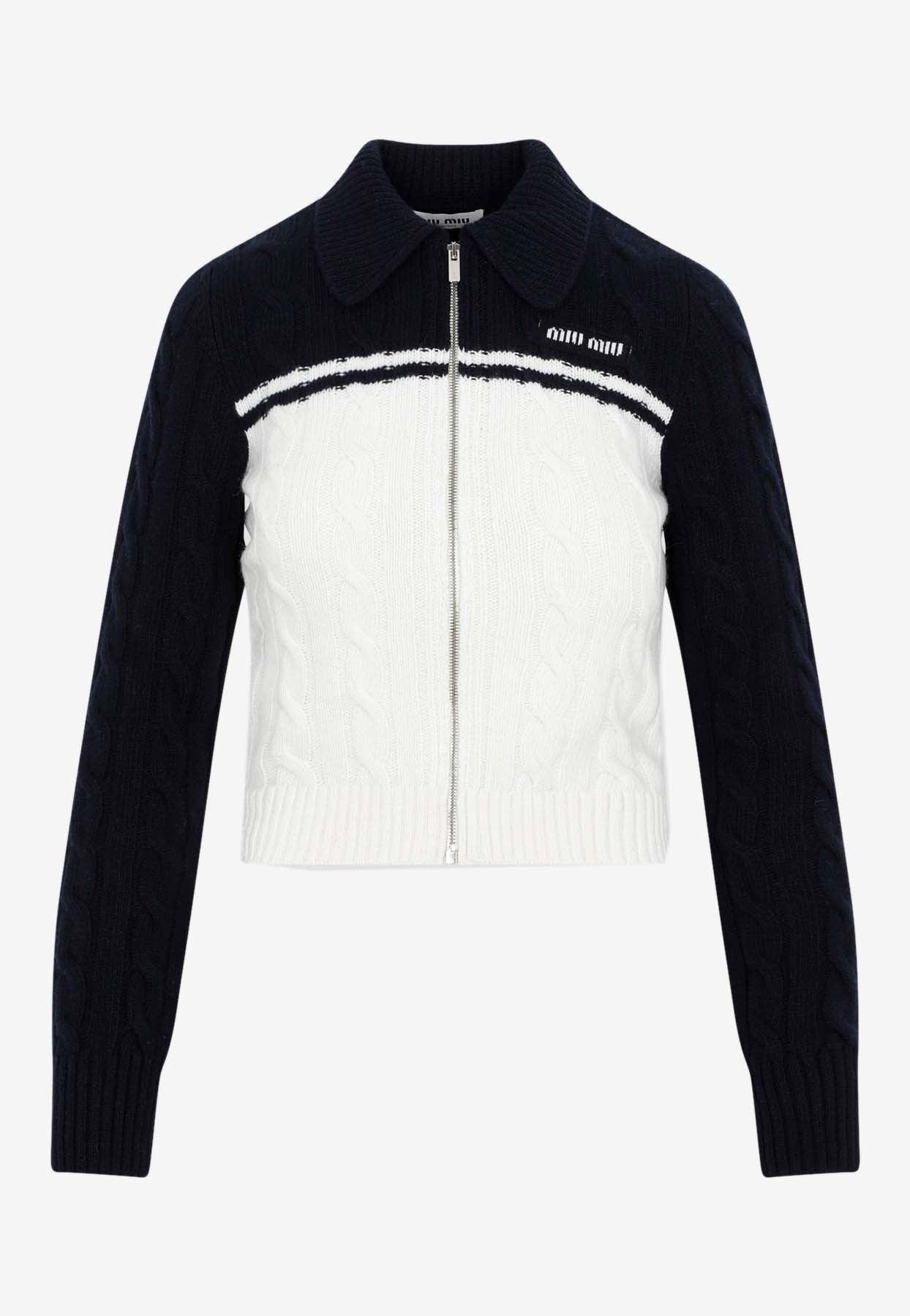 Miu Miu Cable-knit Zip-up Cardigan In Wool And Cashmere in Black 