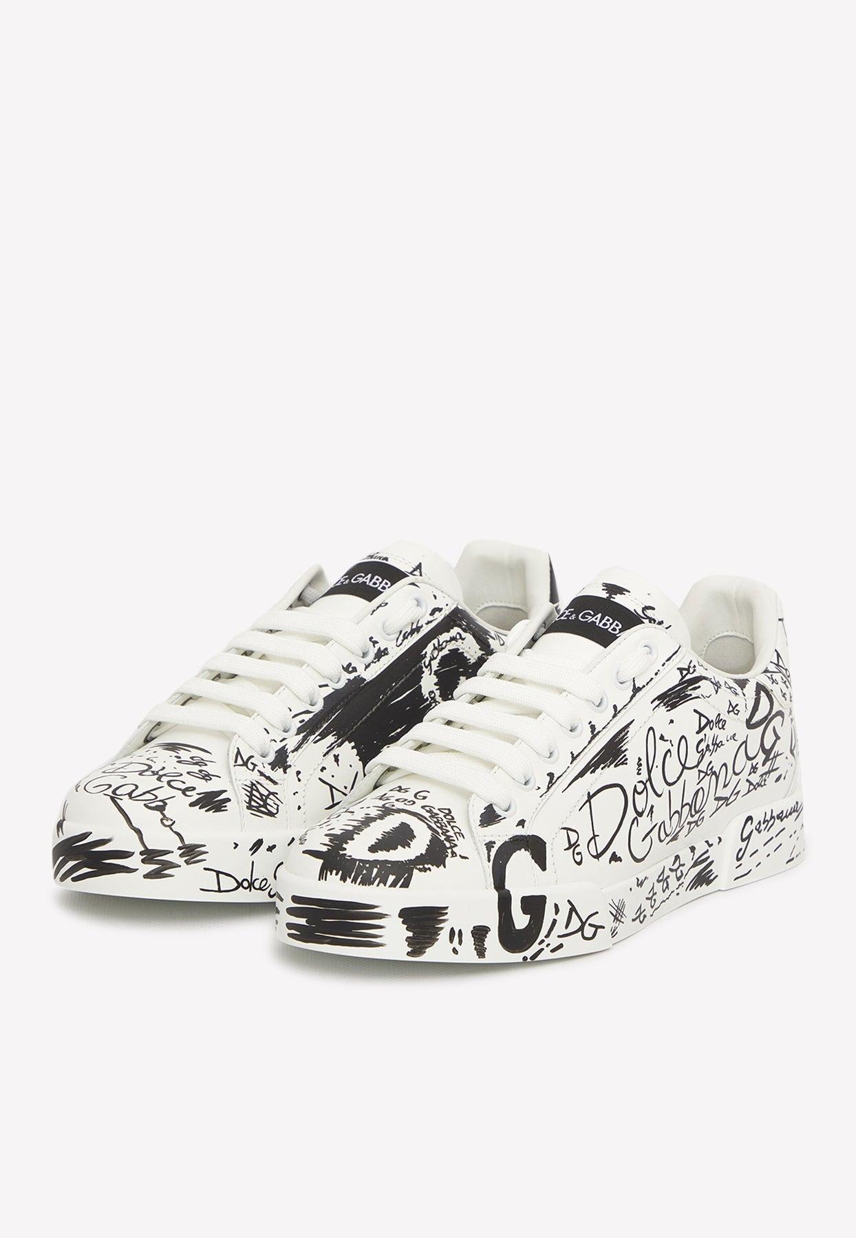Dolce & Gabbana Portofino Graffiti Print Leather Sneakers in White | Lyst
