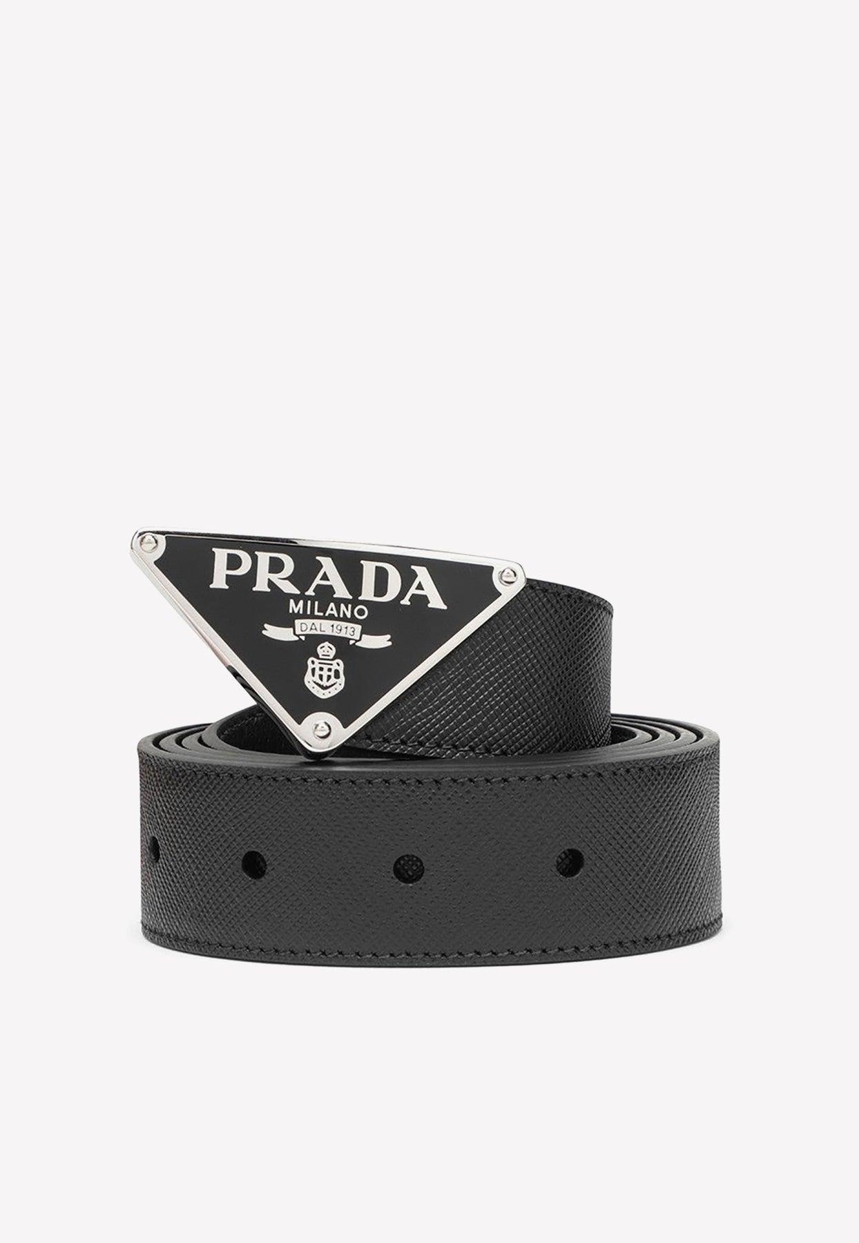 Prada Triangle Logo Leather Belt in Black for Men | Lyst