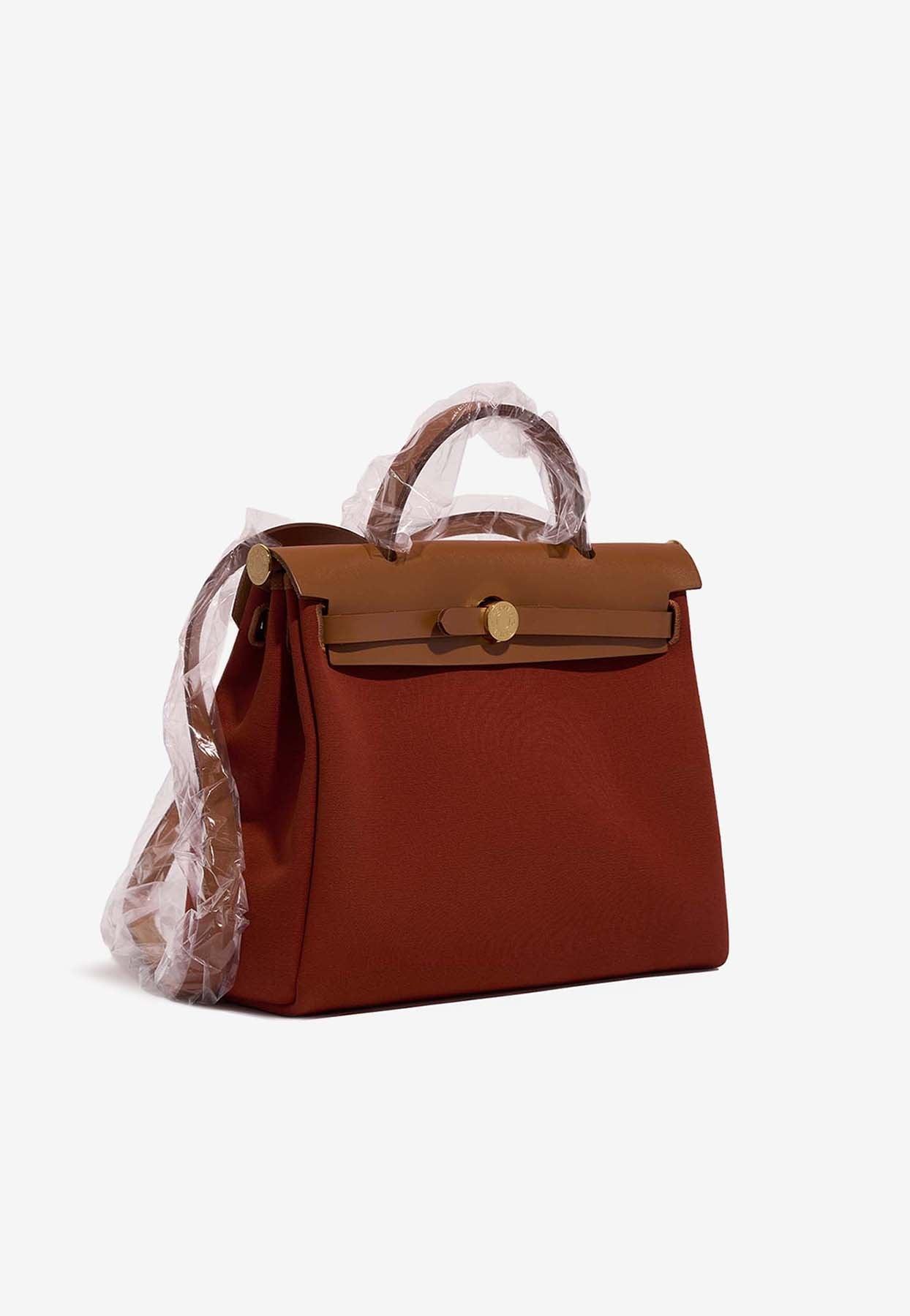 Hermes Brown Vache Leather and Toile Herbag PM with Gold Hardware
