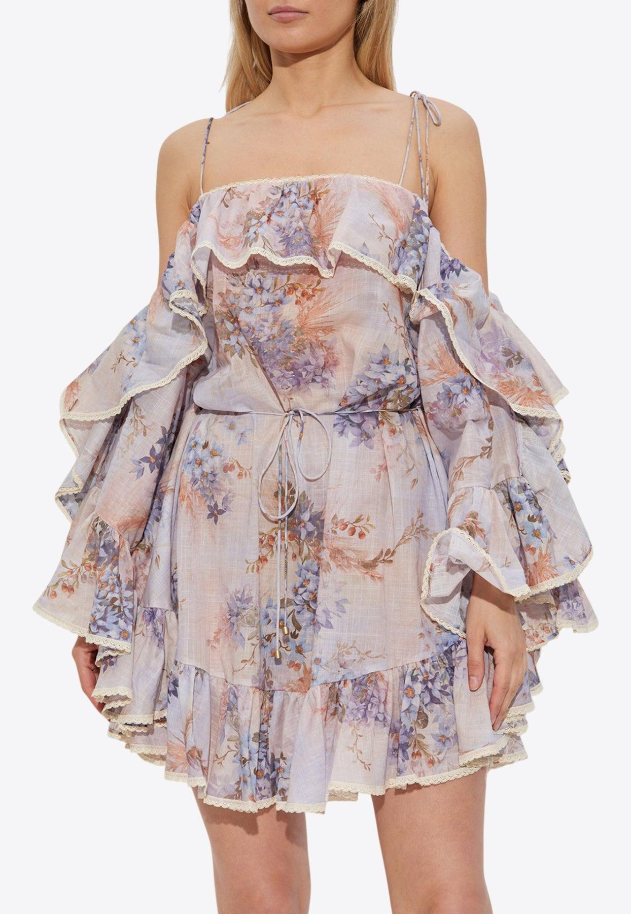 zimmermann purple floral dress crush buttoned mini dress