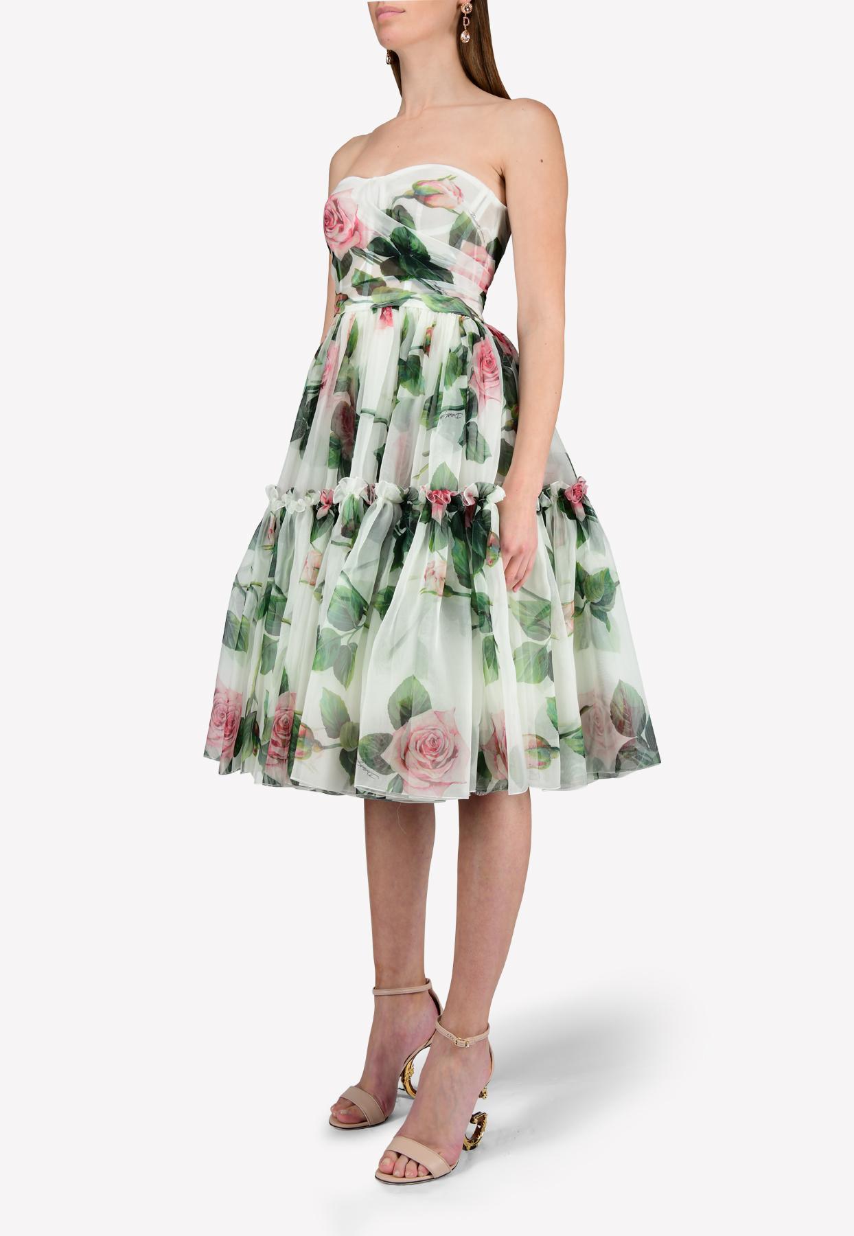 Dolce & Gabbana Silk Organza Tropical Rose Print Strapless Midi Dress in  White | Lyst
