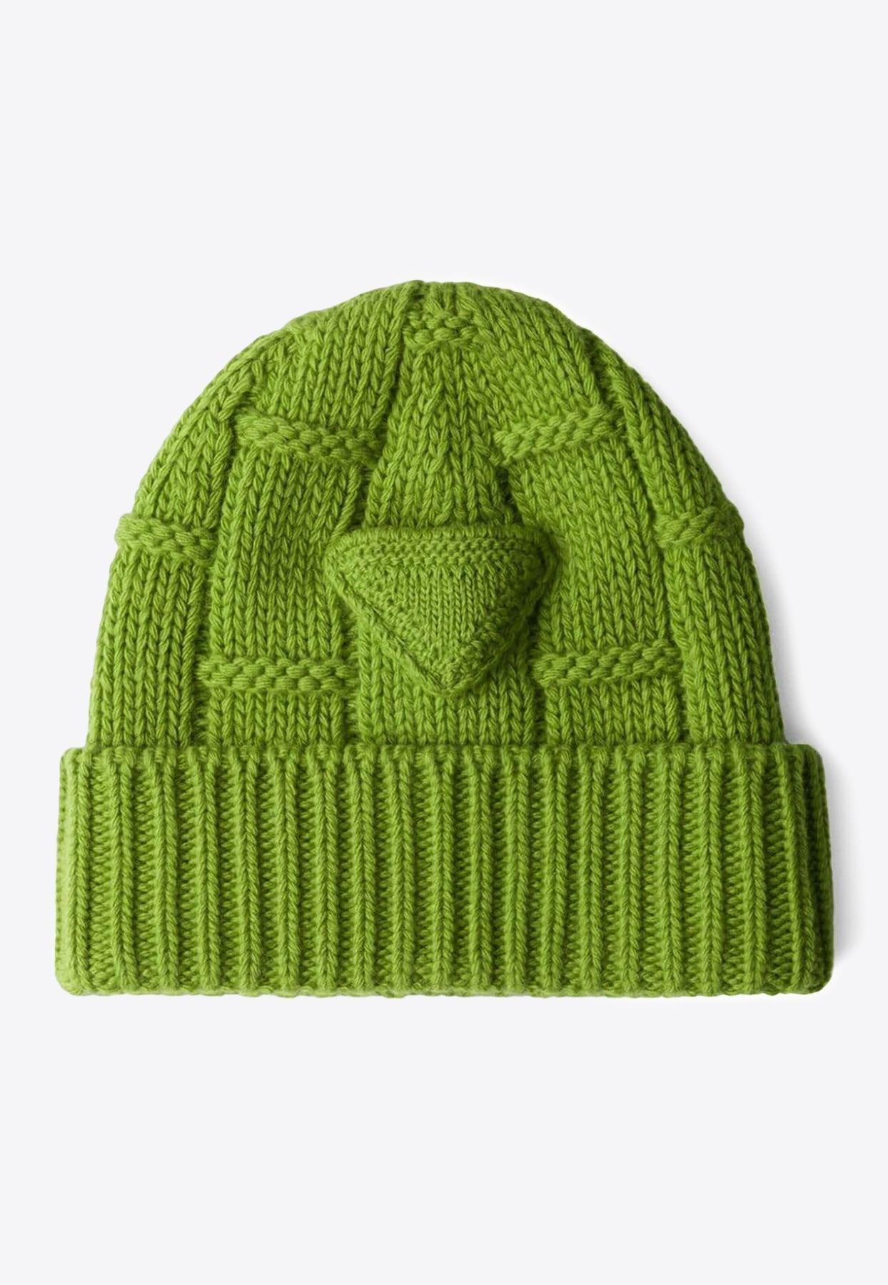 Prada Triangle Logo Knit Cap Green S Black Re-Nylon gabardine and wool cap | PRADA - United States main image 2