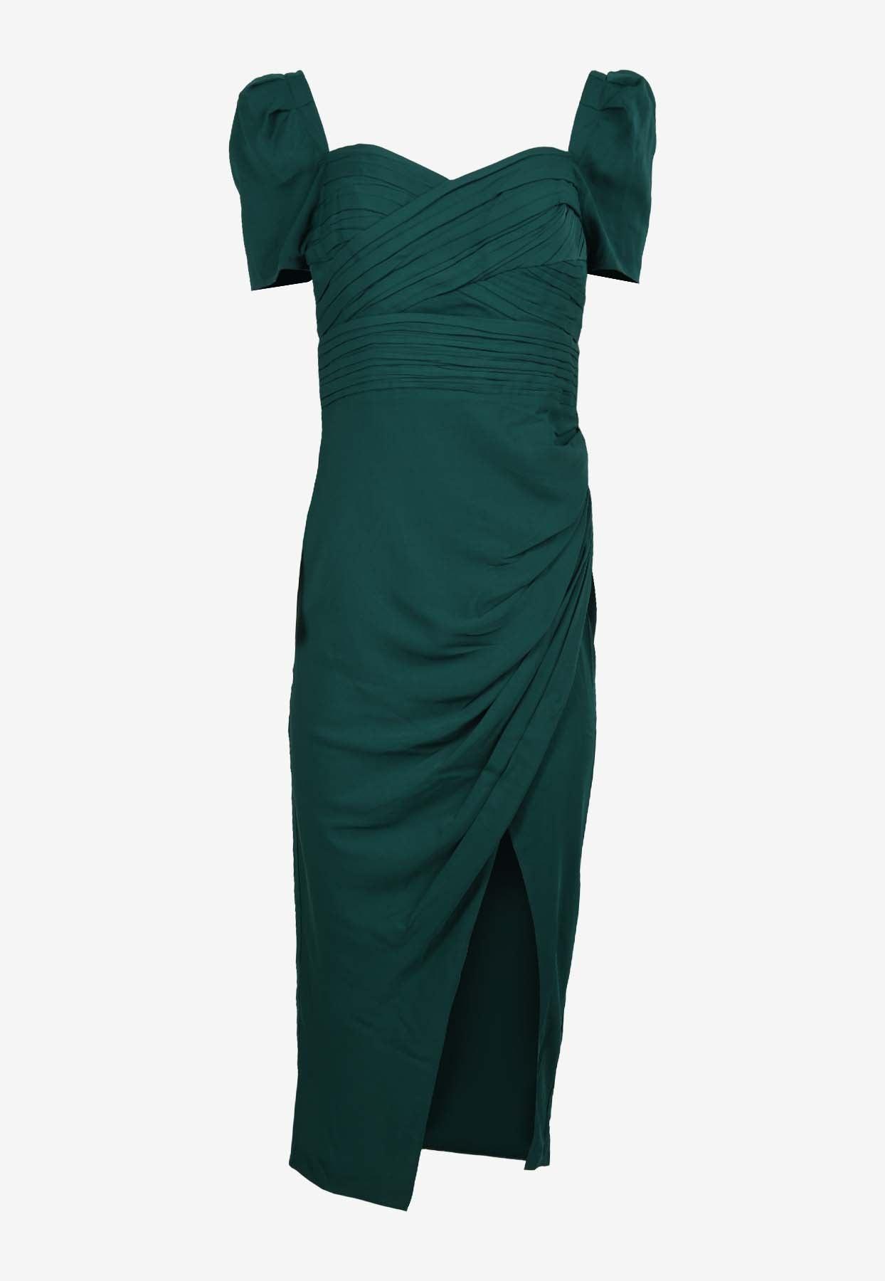 SelfPortrait Synthetic Stretch Crepe Wrap Midi Dress With Puff Sleeves