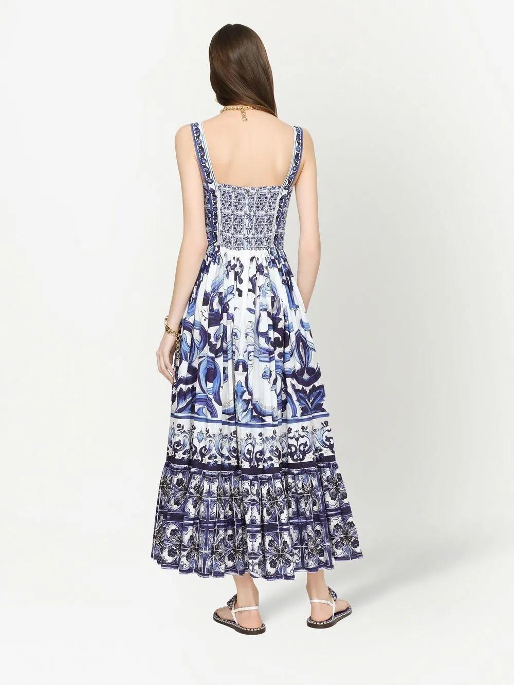 dolce gabbana blue majolica dress Majolica-print silk charmeuse midi dress in Multicolor for Women
