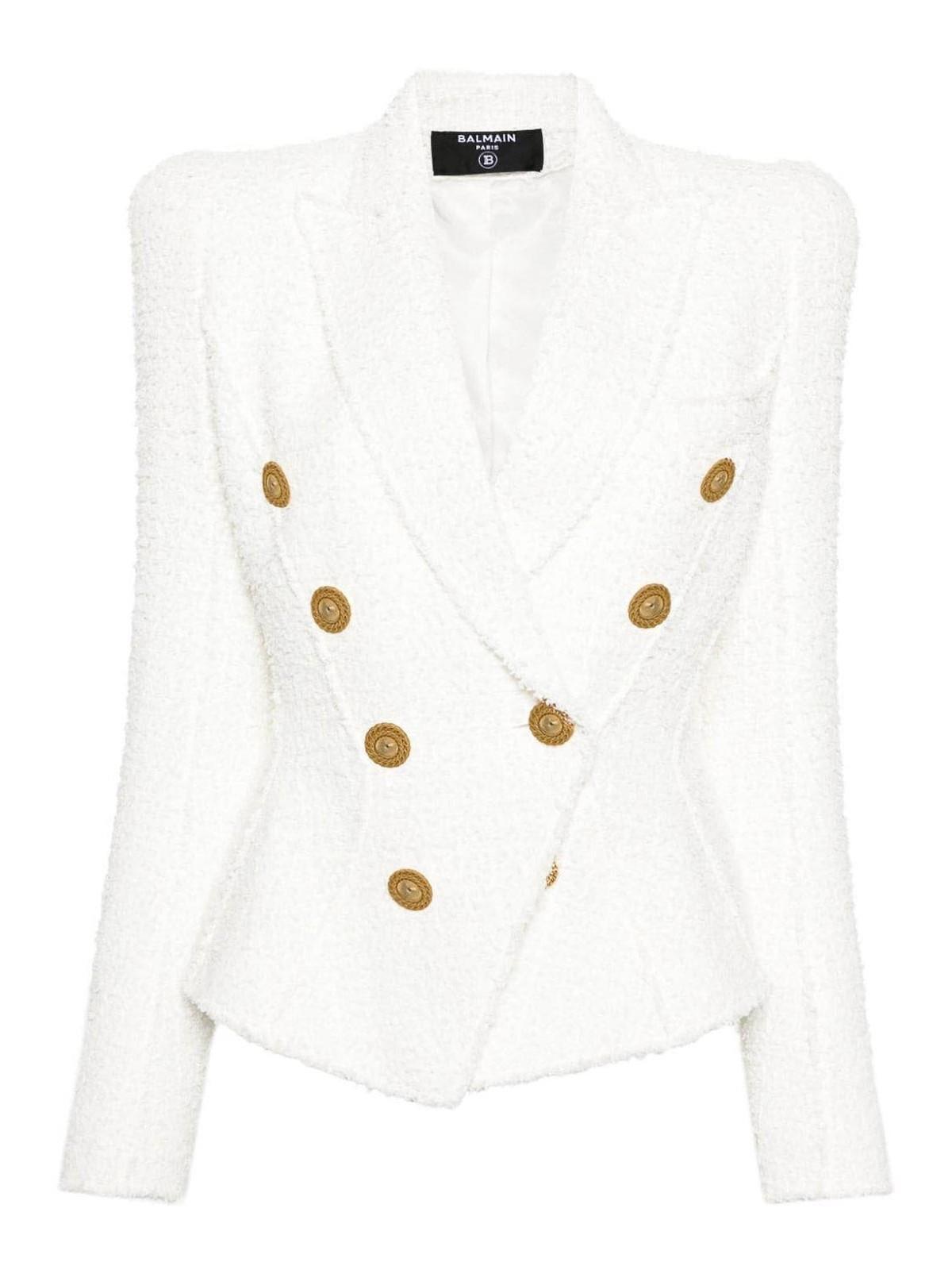 Balmain Double-breasted Tweed Blazer in White | Lyst