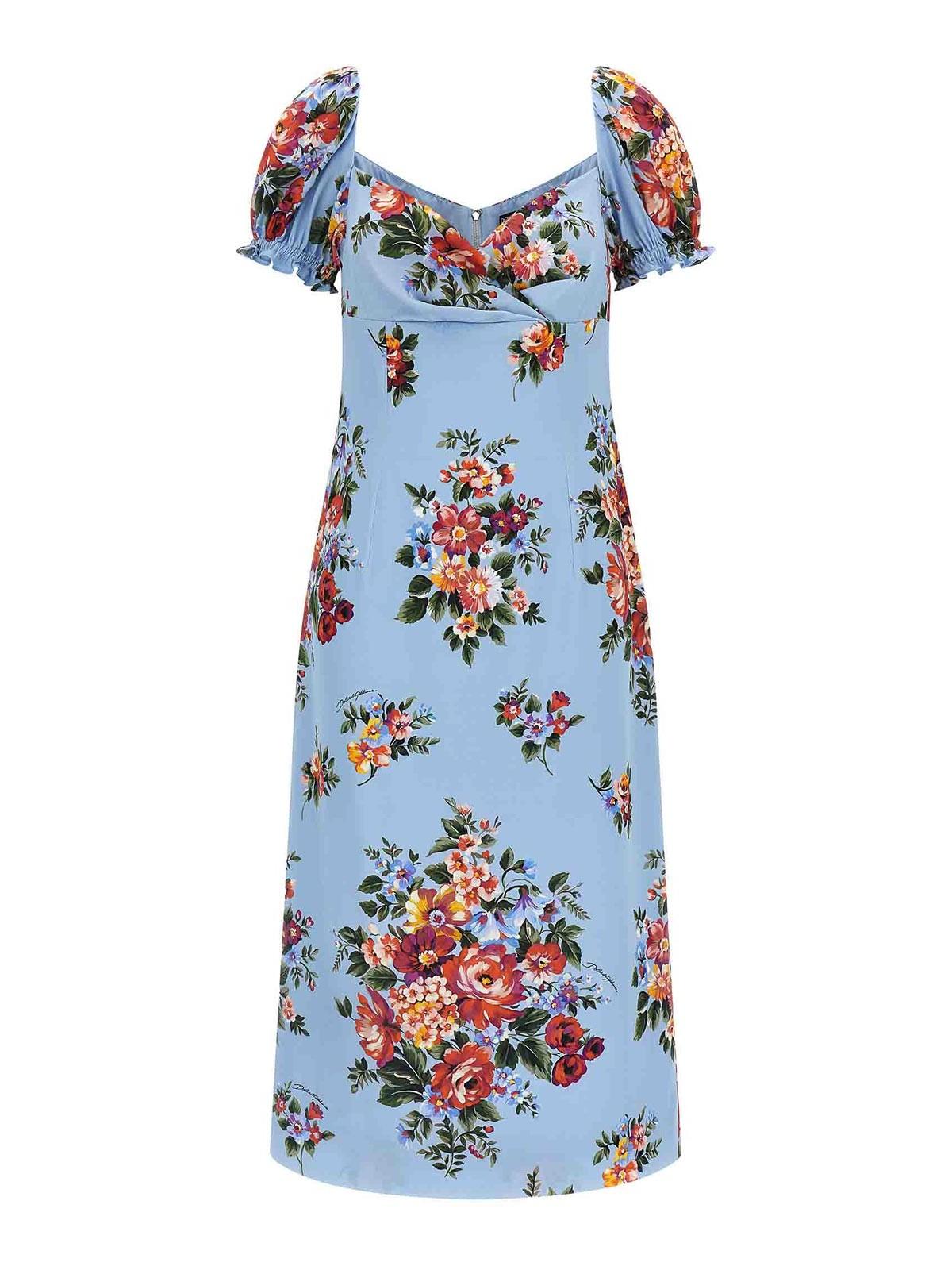dolce gabbana blue dress with rose Dolce & Gabbana Floral Bouquet-Print Satin Sheath Dress main image 1