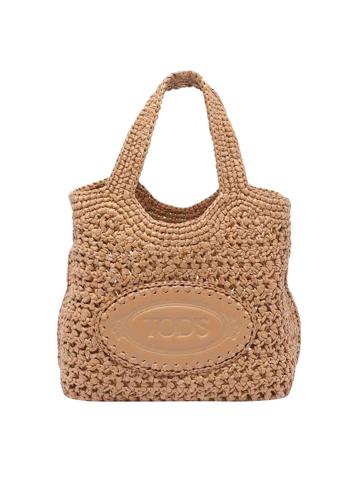 送料関税込み♪【TOD'S】Raffia and leather mini shopping bag Woman BEIGE Shopping Bag in Raffia and Leather Mini