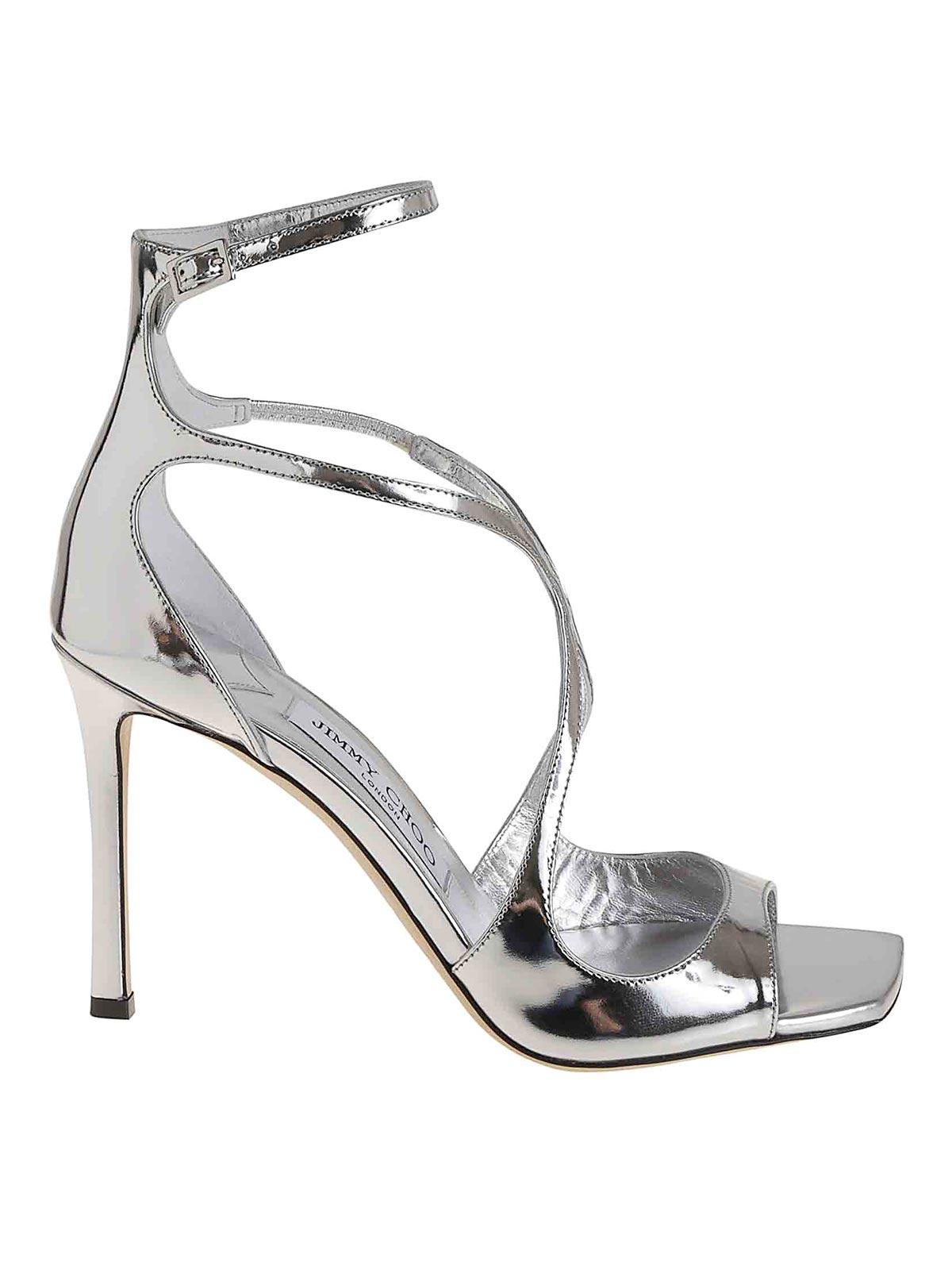 シューズ・サンダルその他 JIMMY CHOO Woman Heeled sandals Silver AZIA95DGZ PLATINUM Azia 95 | Silver Liquid Metal Leather Sandals | JIMMY CHOO