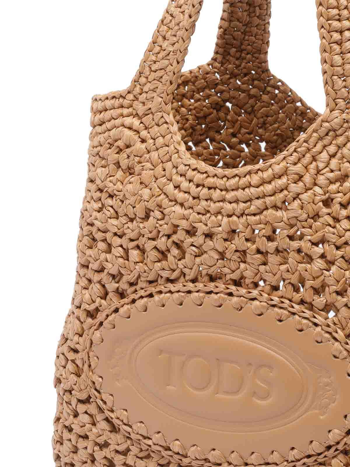 TOD'S＊Raffia Shopping Bag ラフィア ミニバッグ＊送料込 Woman BEIGE Shopping Bag in Raffia and Leather Mini