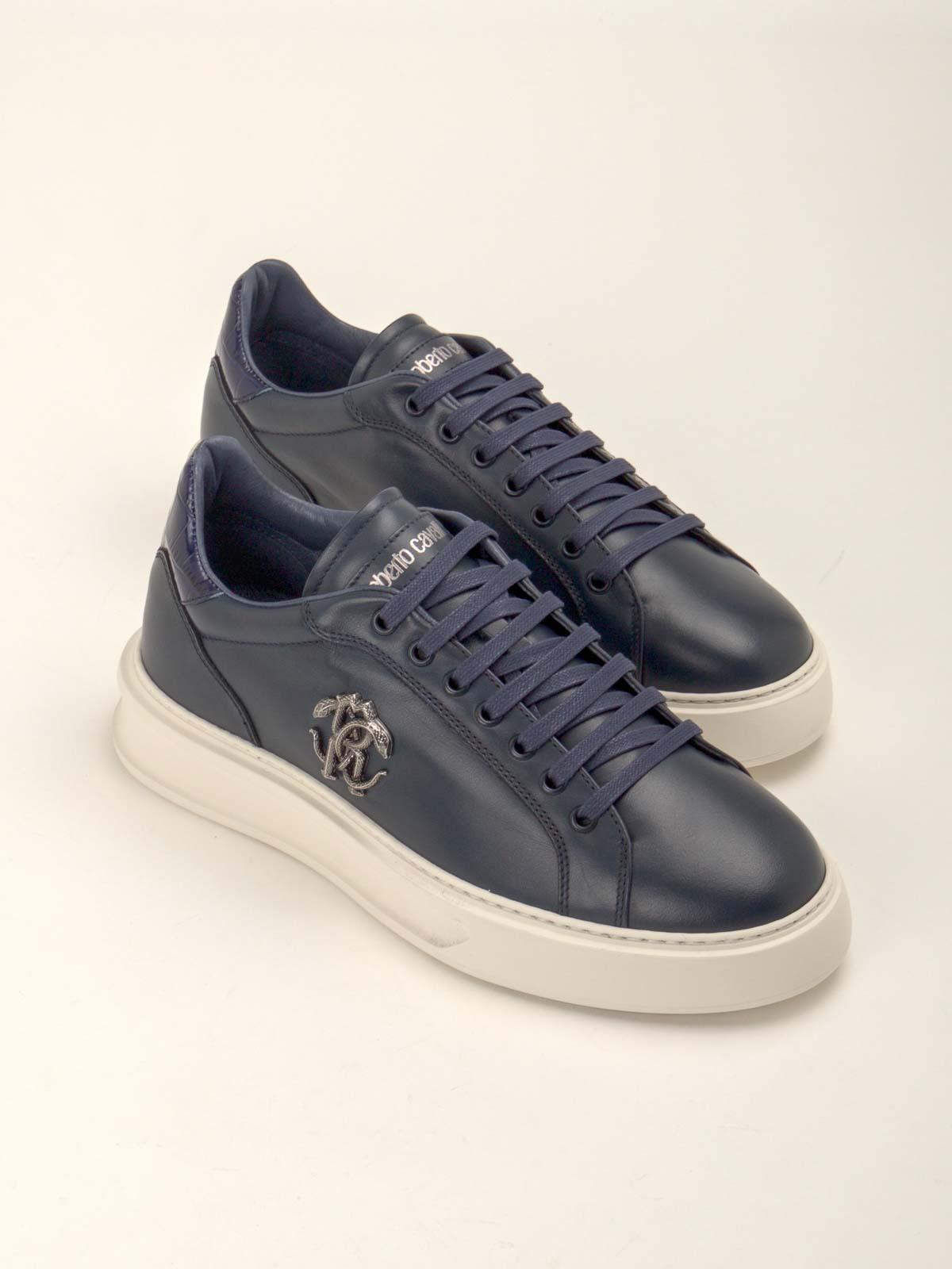 Roberto Cavalli Plaintoe Leather Upper Mixed Media in Grunge Blue Lace Up Shoes 9001 Roberto Cavalli Sneakers / Blue – Rina main image 3