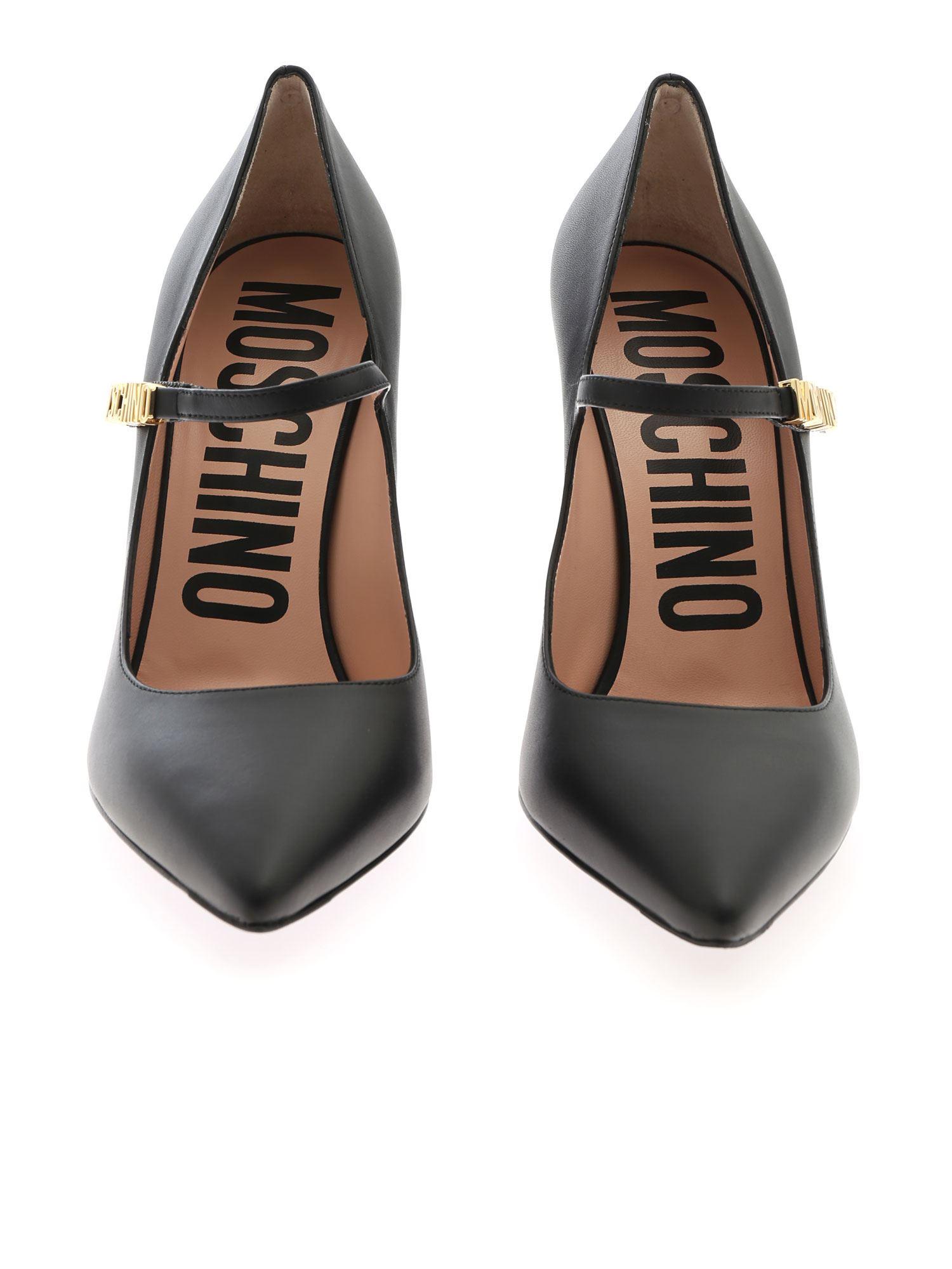Moschino Gold Logo Leather Pumps In Black - Save 7% - Lyst