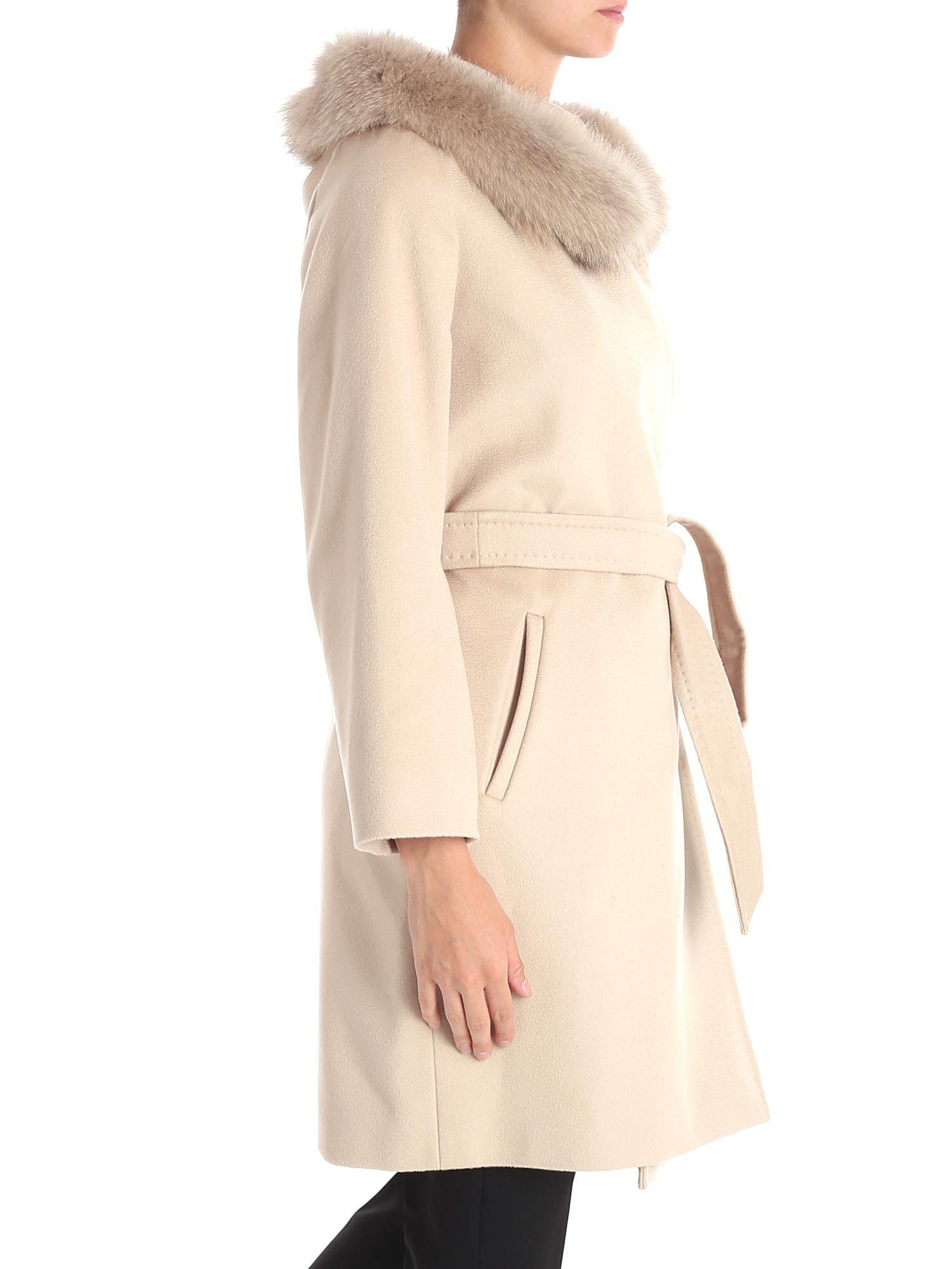 Max Mara Studio Wool Mango Beige Coat With Fur Insert in Natural - Lyst