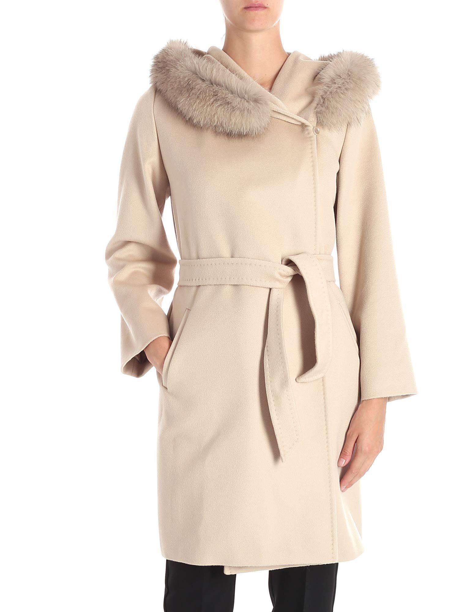 Max Mara Studio Wool Mango Beige Coat With Fur Insert in Natural - Lyst