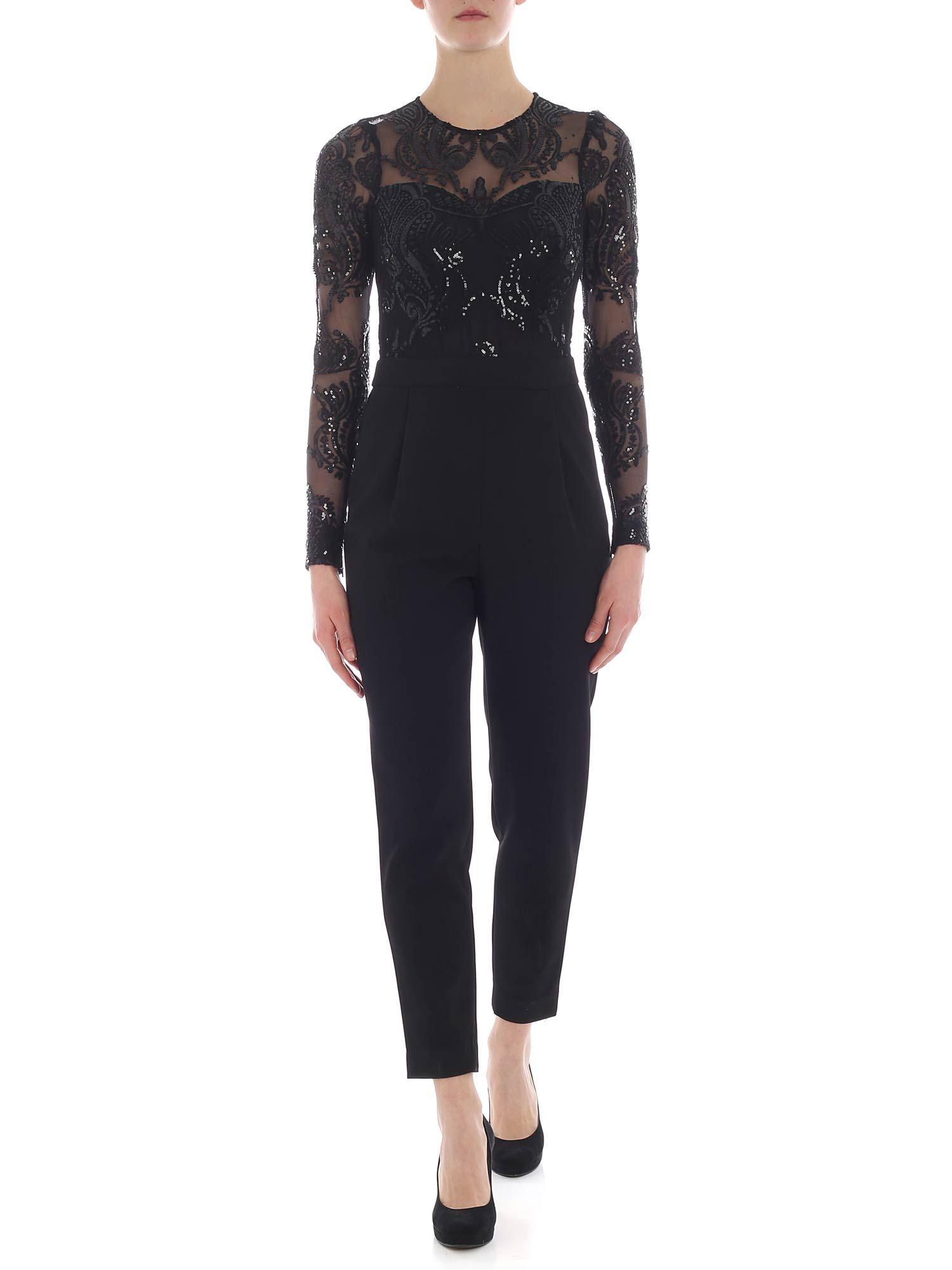 Michael Kors Black Jumpsuit With Lace Top And Sequins - Lyst