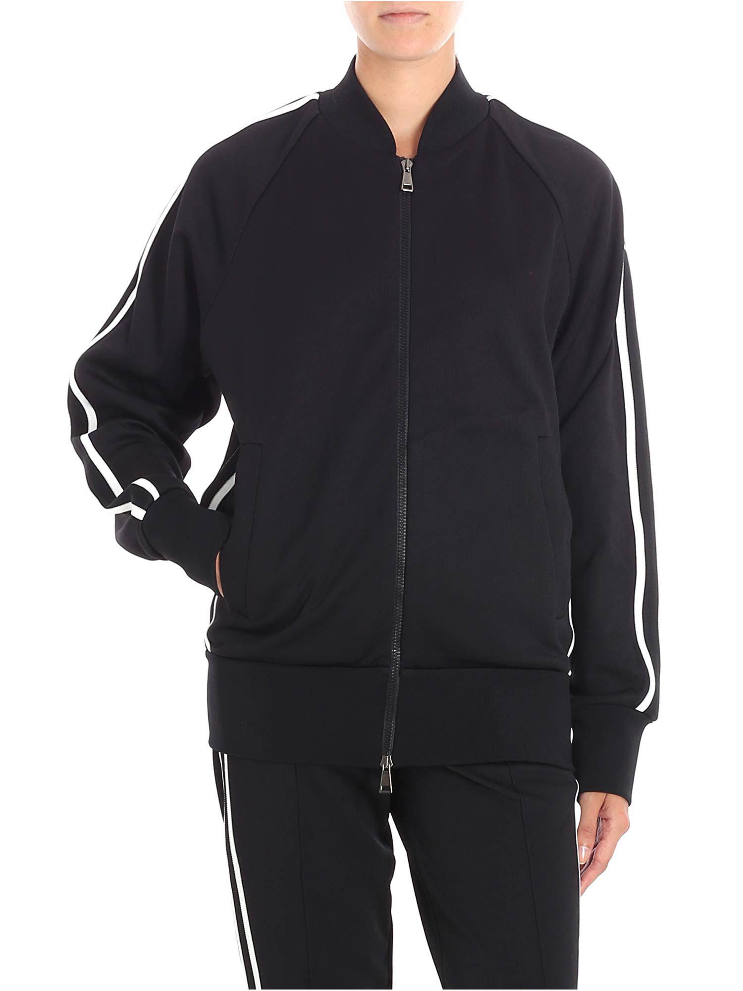 black sweatshirt with white stripes