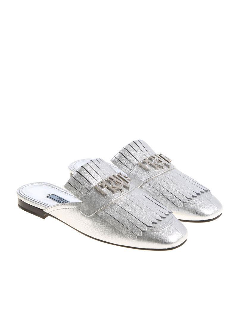 Prada Leather Silver Fringed Mules in 
