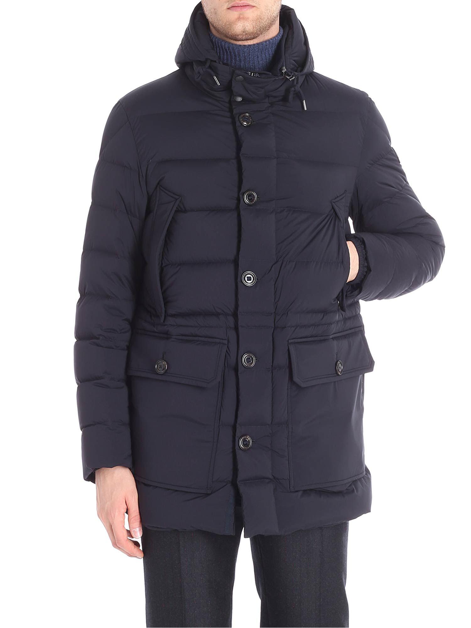 Moncler Leather Blue Reims Hooded Down Jacket for Men - Lyst