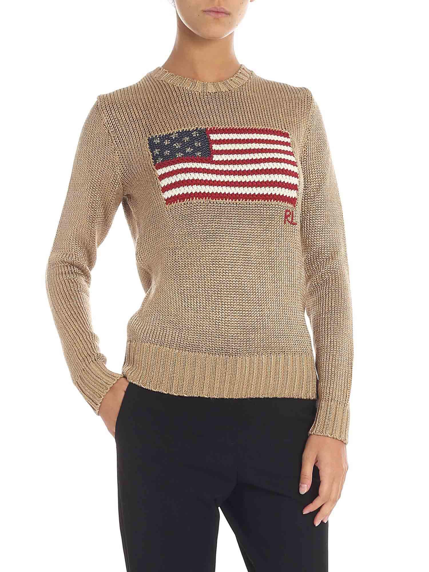 Polo Ralph Lauren Cotton Golden Lamé Pullover With Flag Embroidery ...