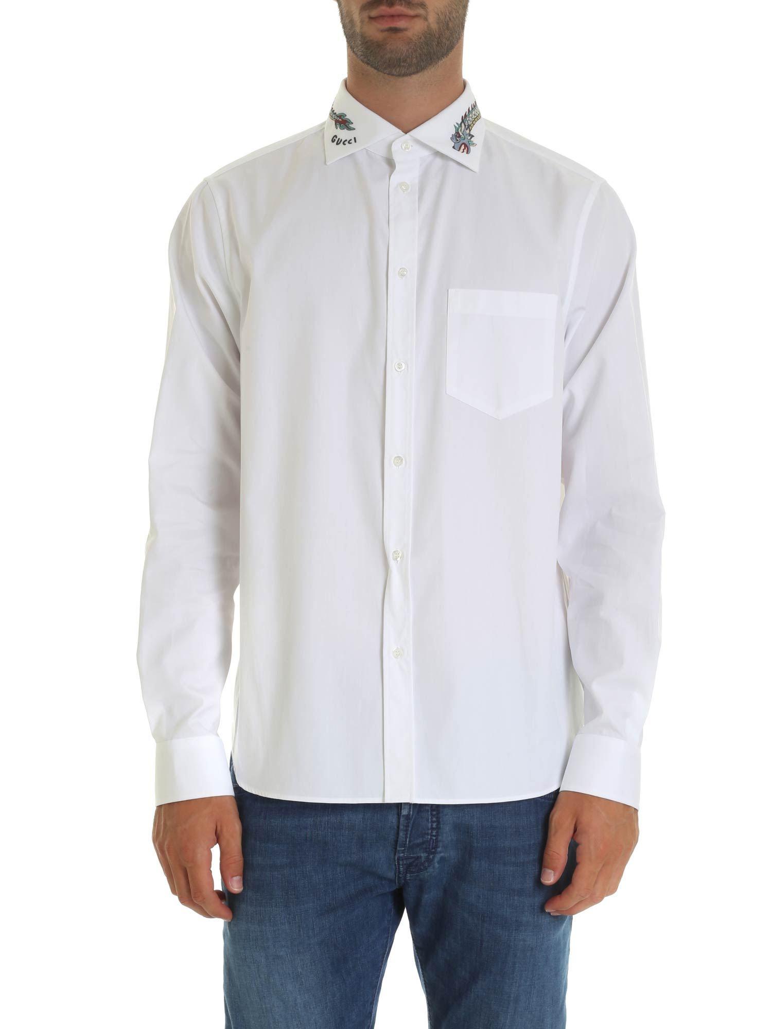 Gucci Cotton Shirt In White With Embroidered Collar for Men - Lyst