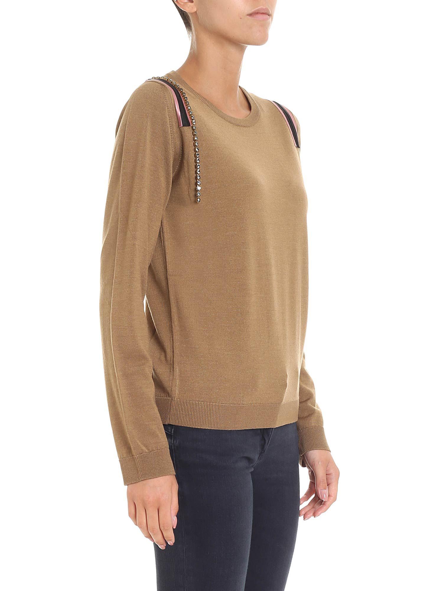 N°21 Wool Camel Colored Sweater With Rhinestones in Natural Lyst